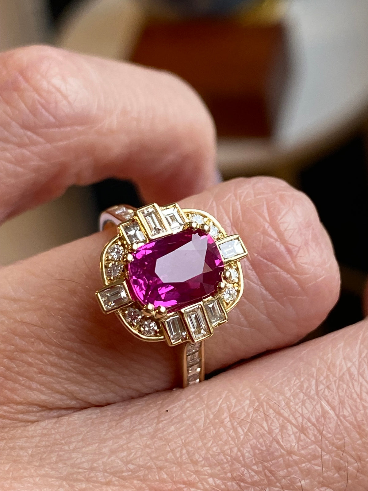 2.90 CTW Gubelin Certified No Heat Ruby and Natural Diamond Halo Ring in 18ct Yellow Gold