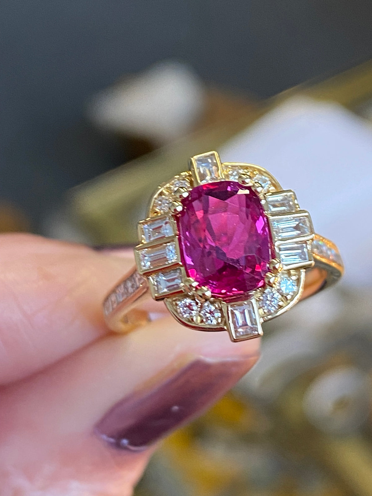 2.90 CTW Gubelin Certified No Heat Ruby and Natural Diamond Halo Ring in 18ct Yellow Gold