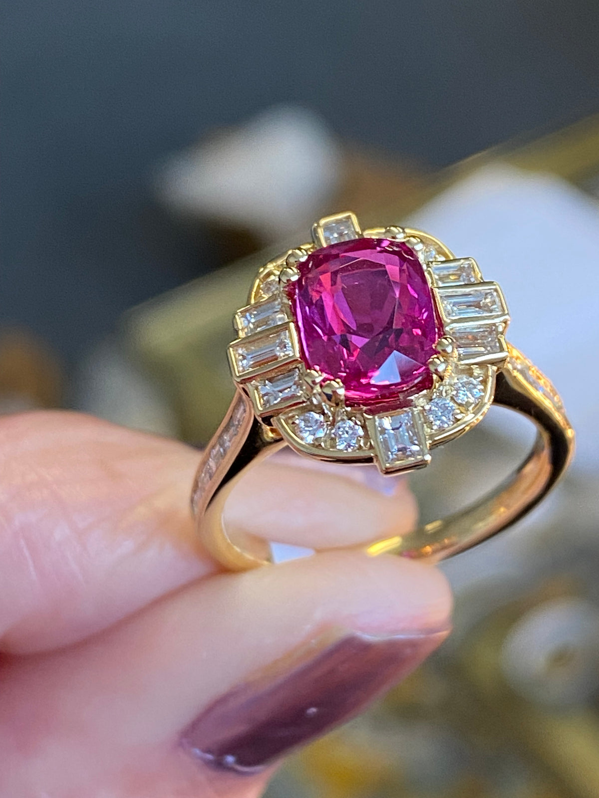 2.90 CTW Gubelin Certified No Heat Ruby and Natural Diamond Halo Ring in 18ct Yellow Gold