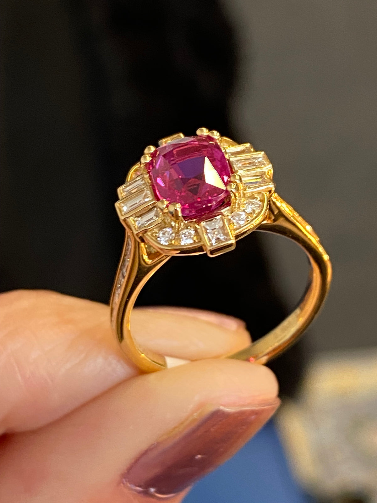 2.90 CTW Gubelin Certified No Heat Ruby and Natural Diamond Halo Ring in 18ct Yellow Gold
