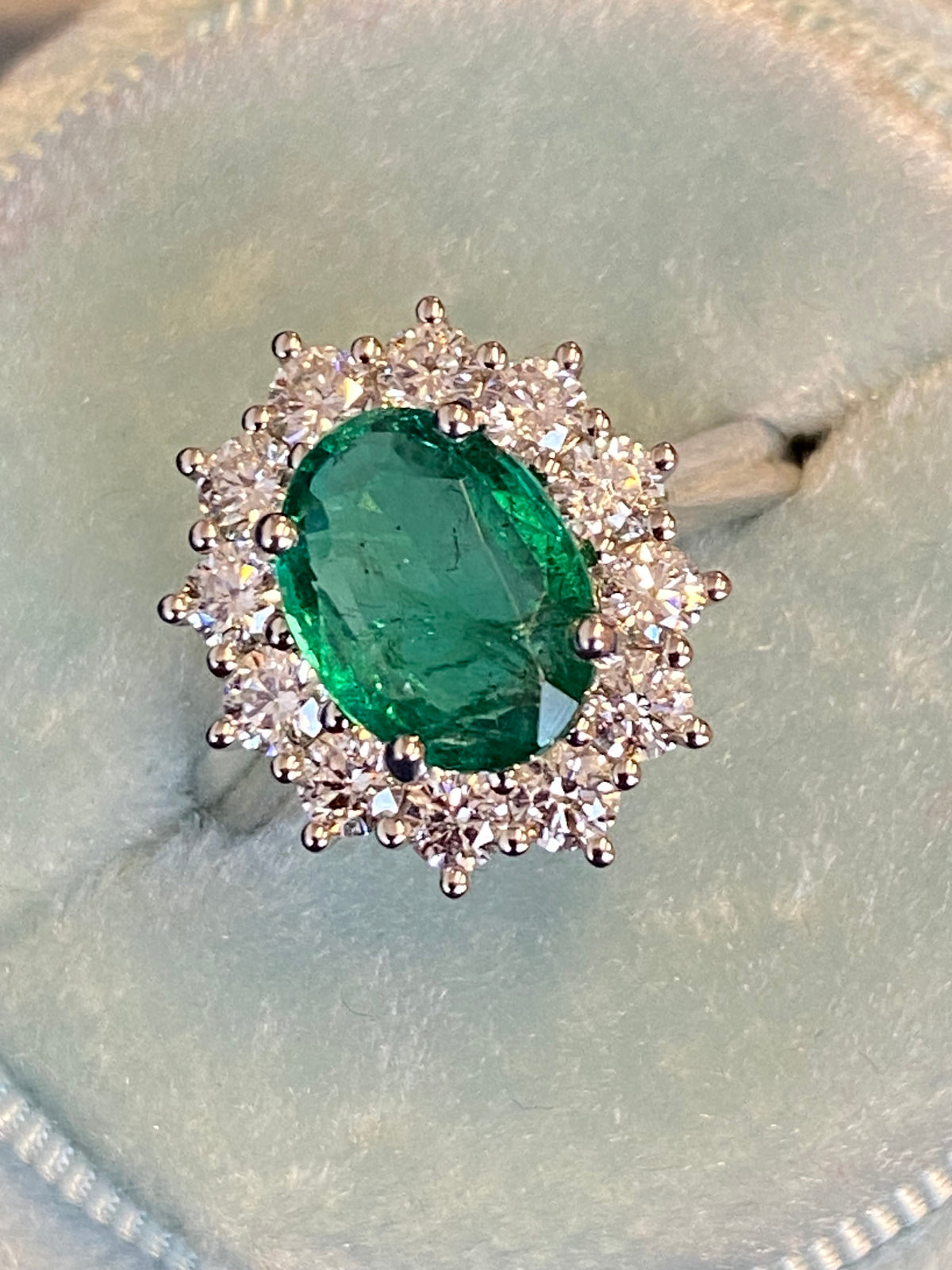 2.98 CTW Oval Cut Emerald and Natural Diamond Halo Ring in Platinum