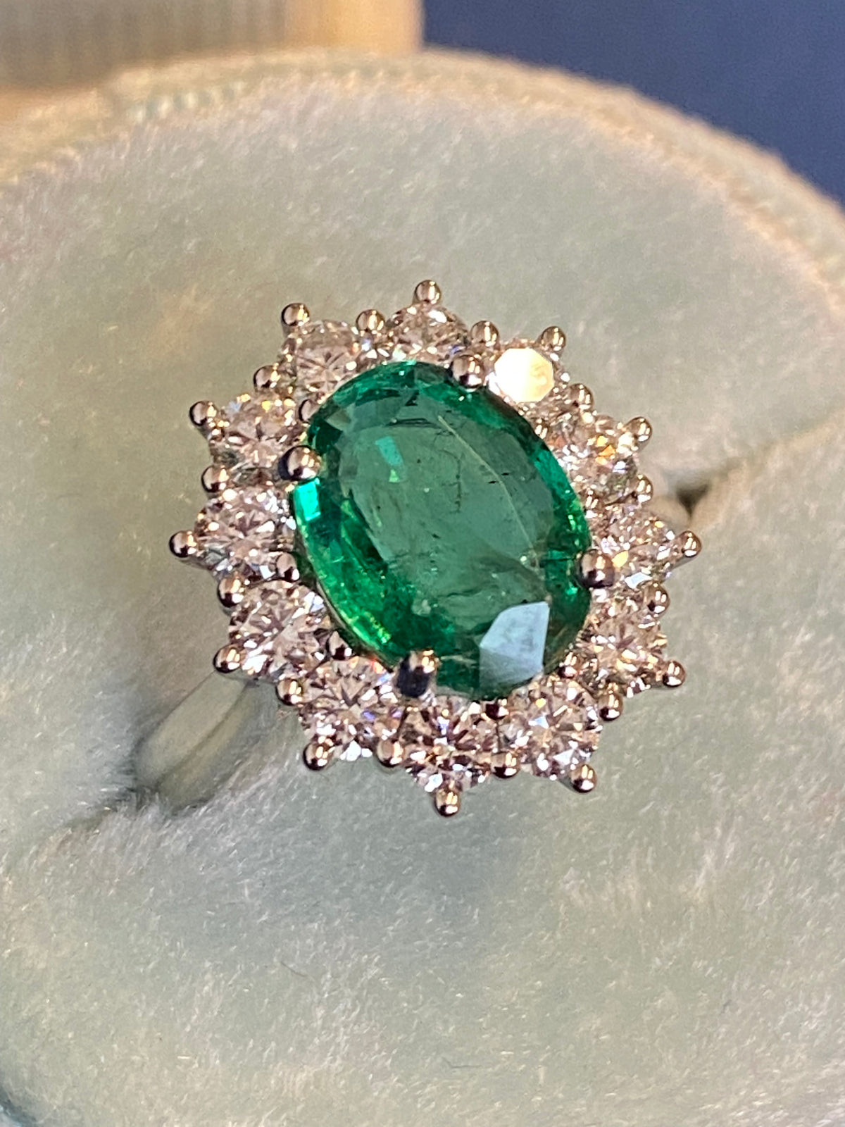 2.98 CTW Oval Cut Emerald and Natural Diamond Halo Ring in Platinum