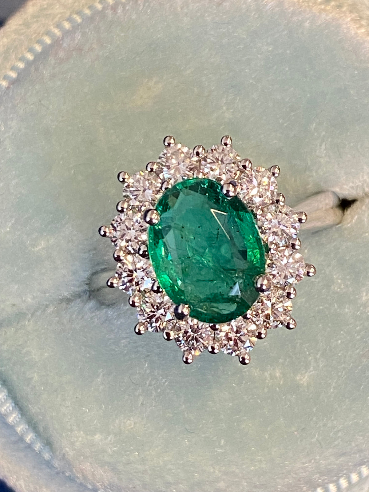 2.98 CTW Oval Cut Emerald and Natural Diamond Halo Ring in Platinum