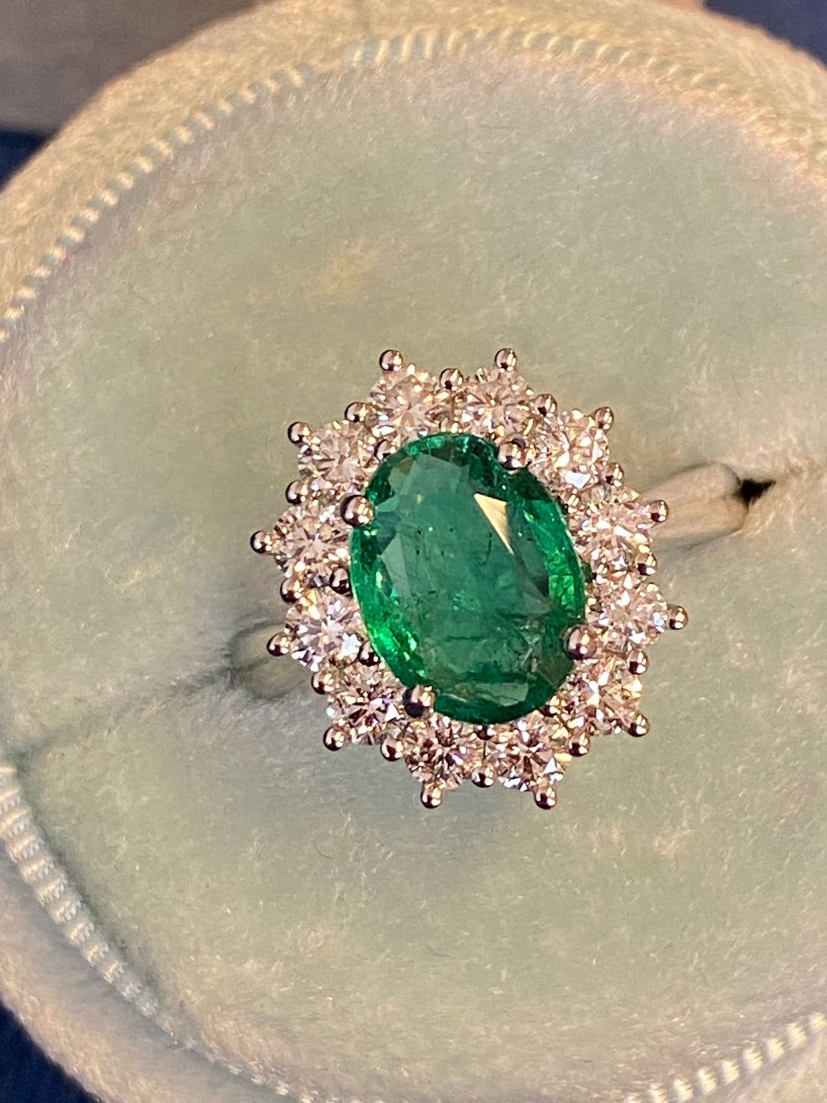 2.98 CTW Oval Cut Emerald and Natural Diamond Halo Ring in Platinum