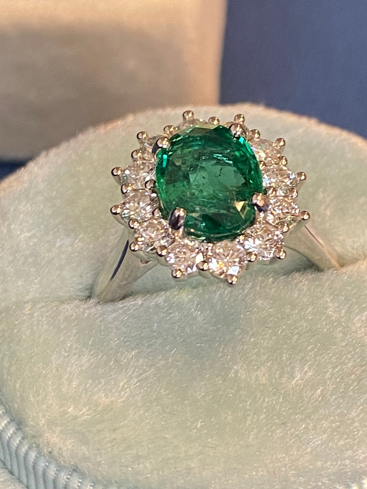 2.98 CTW Oval Cut Emerald and Natural Diamond Halo Ring in Platinum