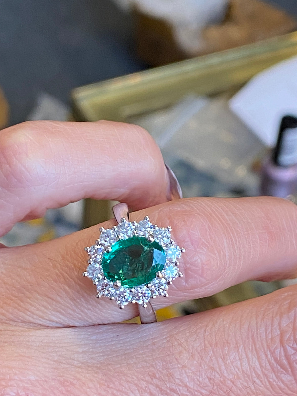 2.98 CTW Oval Cut Emerald and Natural Diamond Halo Ring in Platinum