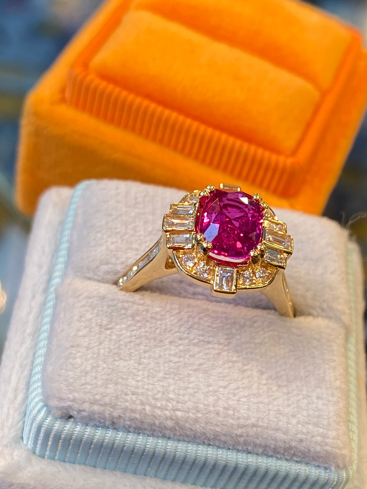 2.90 CTW Gubelin Certified No Heat Ruby and Natural Diamond Halo Ring in 18ct Yellow Gold