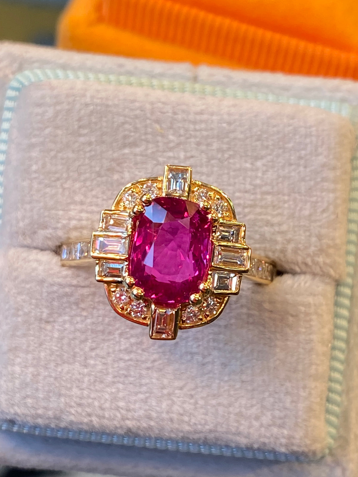 2.90 CTW Gubelin Certified No Heat Ruby and Natural Diamond Halo Ring in 18ct Yellow Gold
