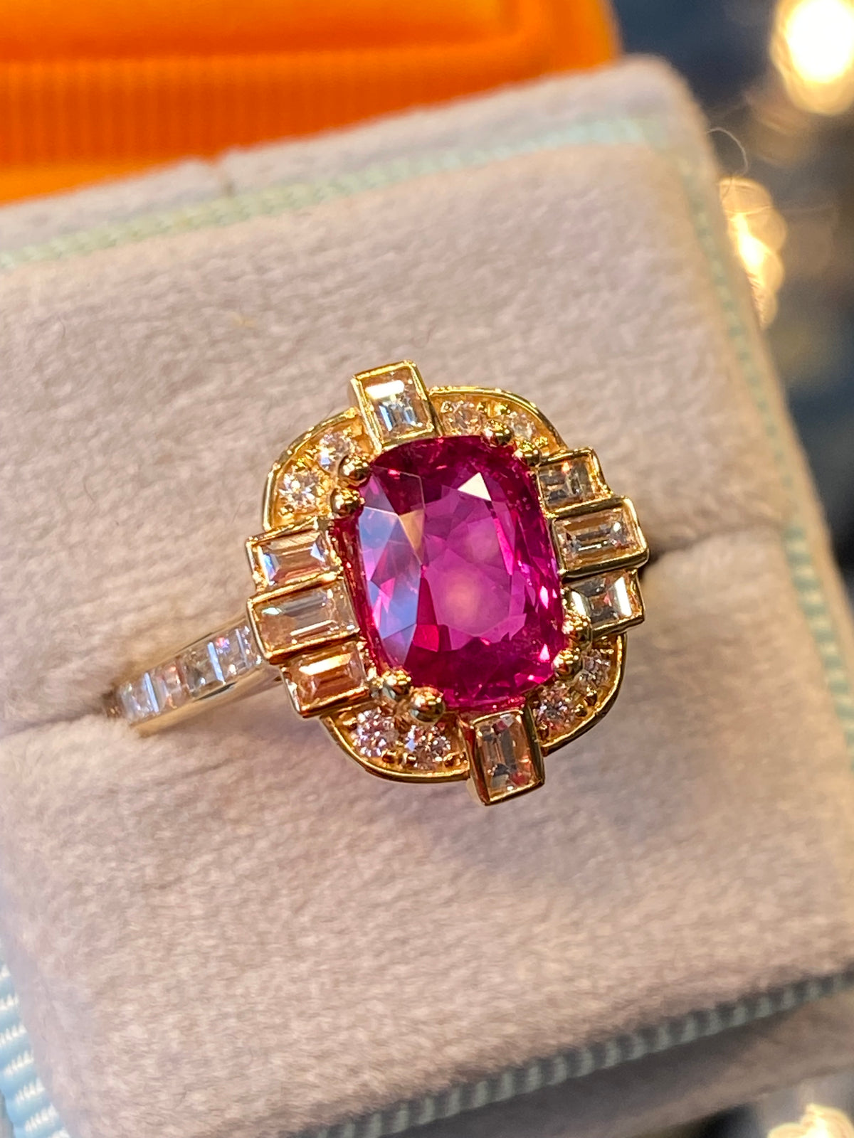 2.90 CTW Gubelin Certified No Heat Ruby and Natural Diamond Halo Ring in 18ct Yellow Gold