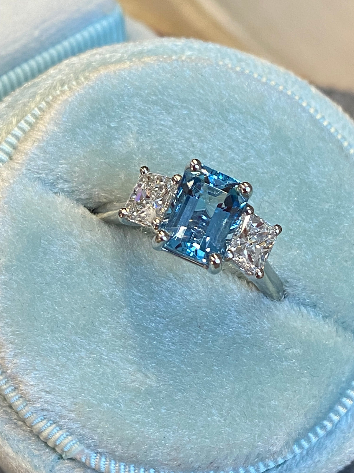 1.59 Carat Aquamarine and 0.80 CTW Natural Diamond Three-Stone Ring in Platinum