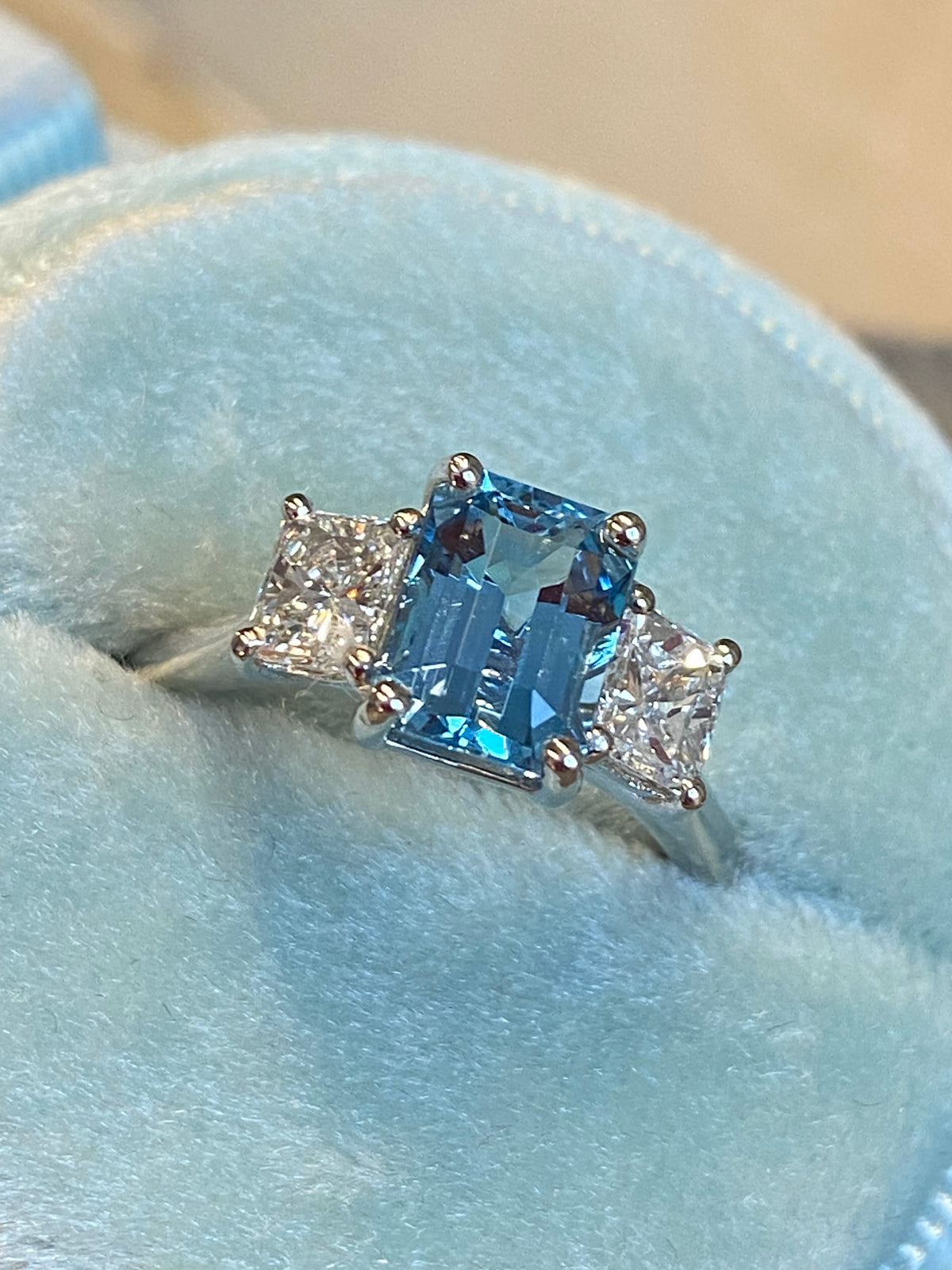 1.59 Carat Aquamarine and 0.80 CTW Natural Diamond Three-Stone Ring in Platinum