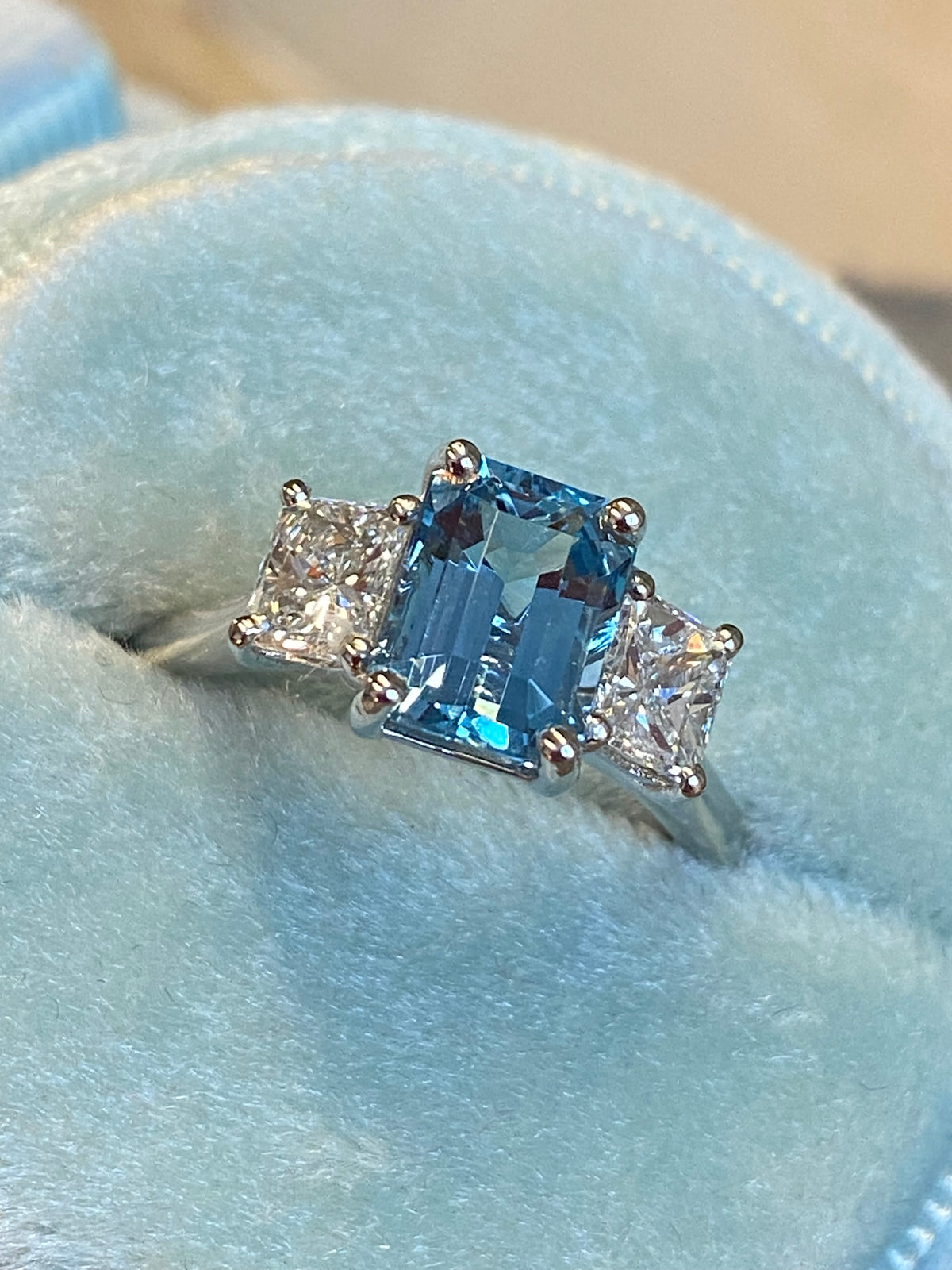 1.59 Carat Aquamarine and 0.80 CTW Natural Diamond Three-Stone Ring in Platinum