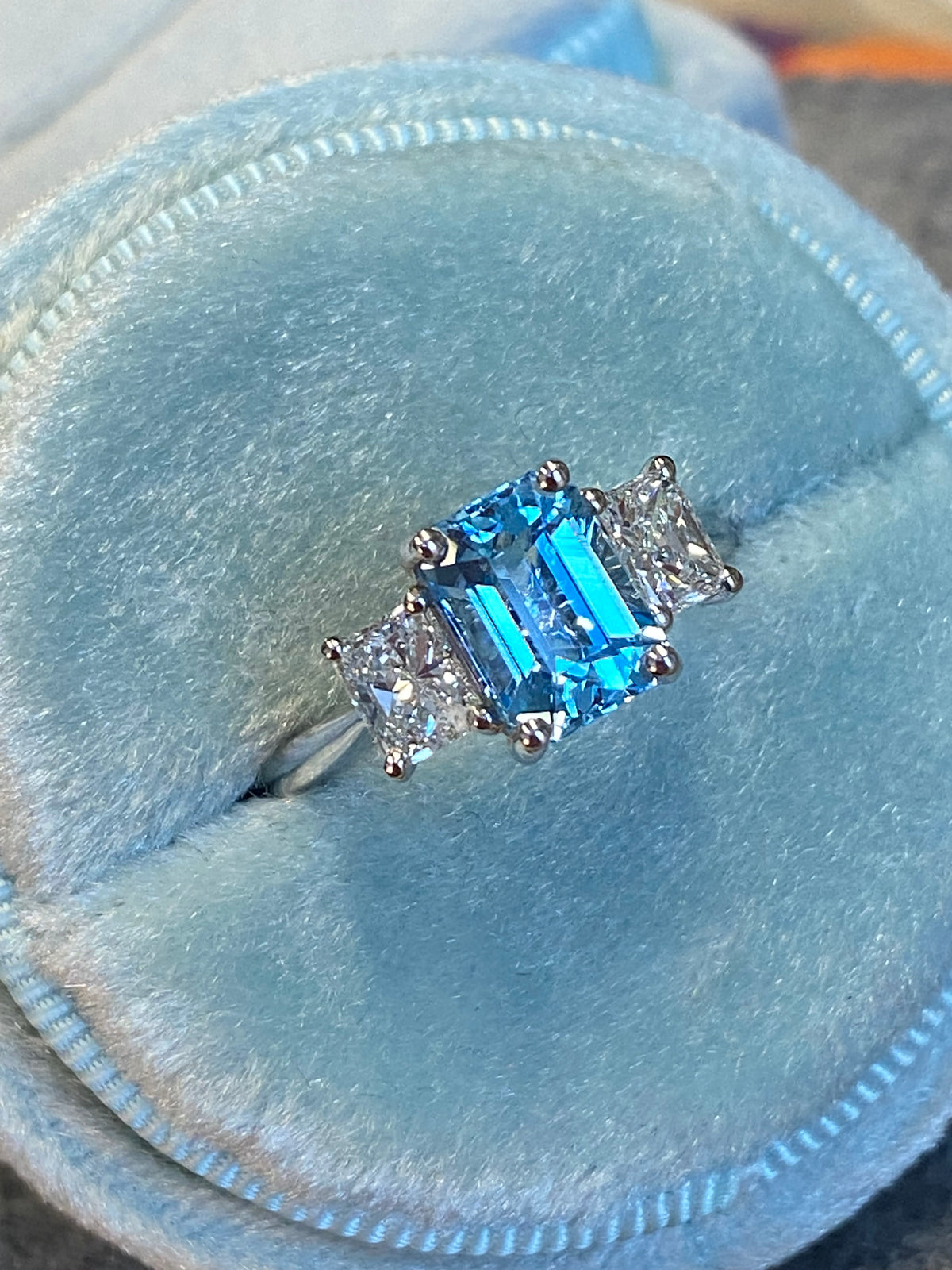 1.59 Carat Aquamarine and 0.80 CTW Natural Diamond Three-Stone Ring in Platinum