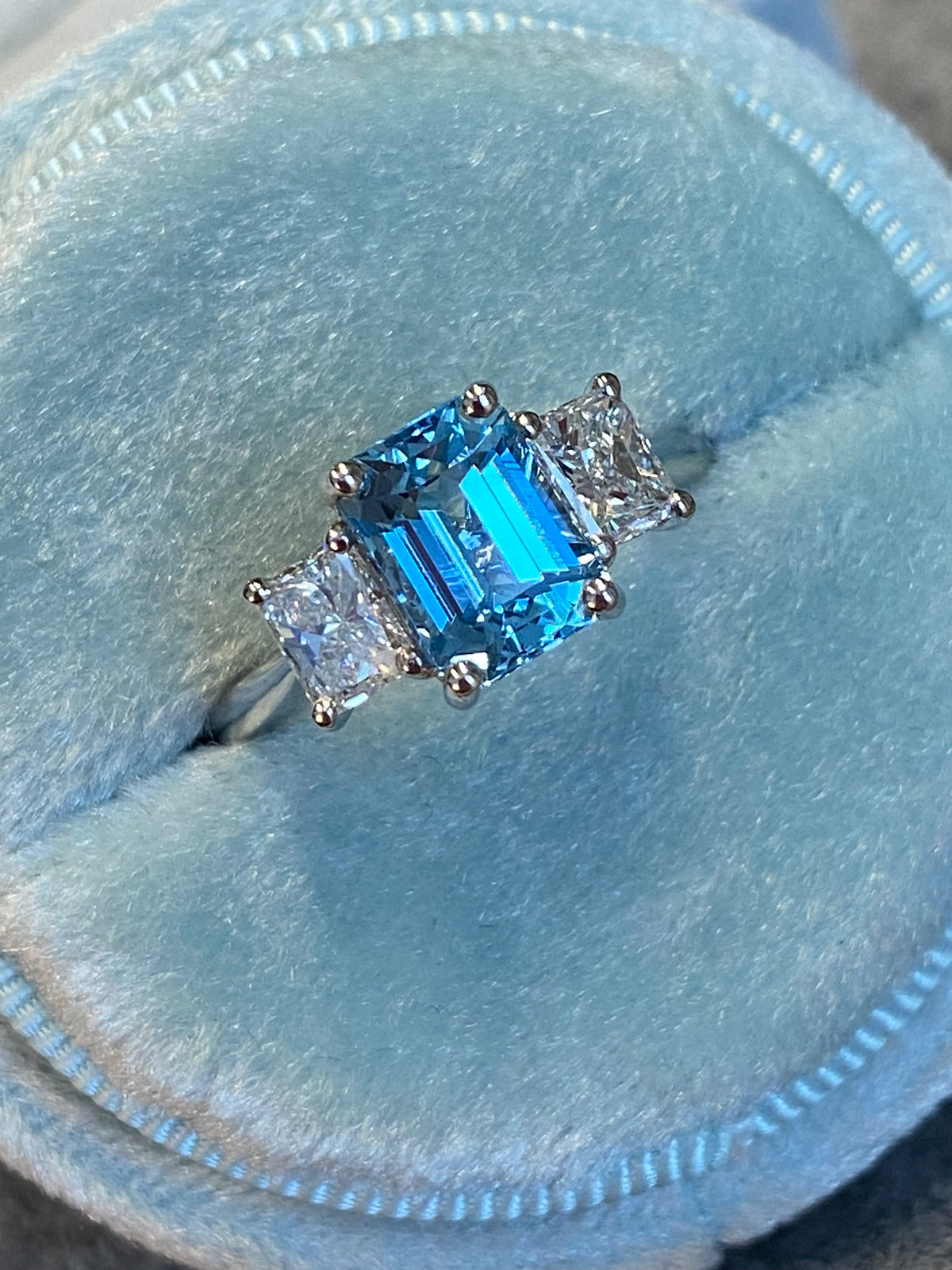 1.59 Carat Aquamarine and 0.80 CTW Natural Diamond Three-Stone Ring in Platinum