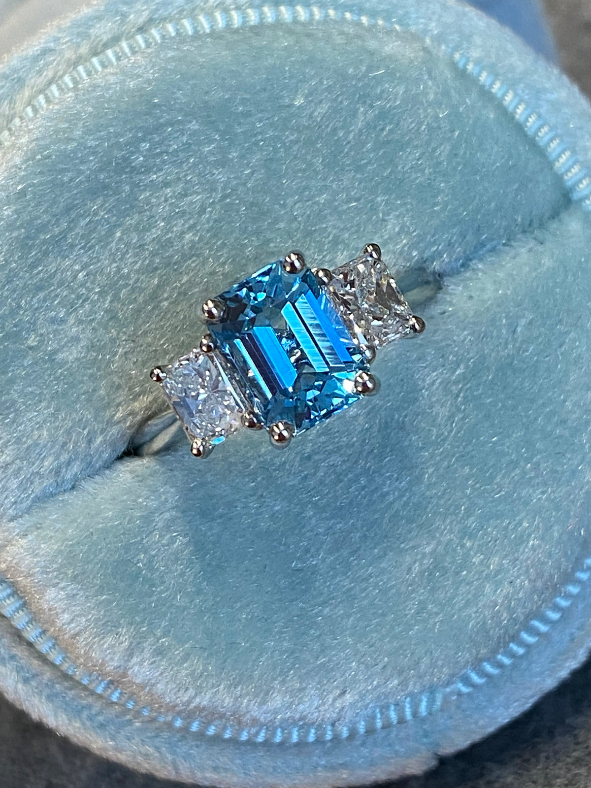 1.59 Carat Aquamarine and 0.80 CTW Natural Diamond Three-Stone Ring in Platinum