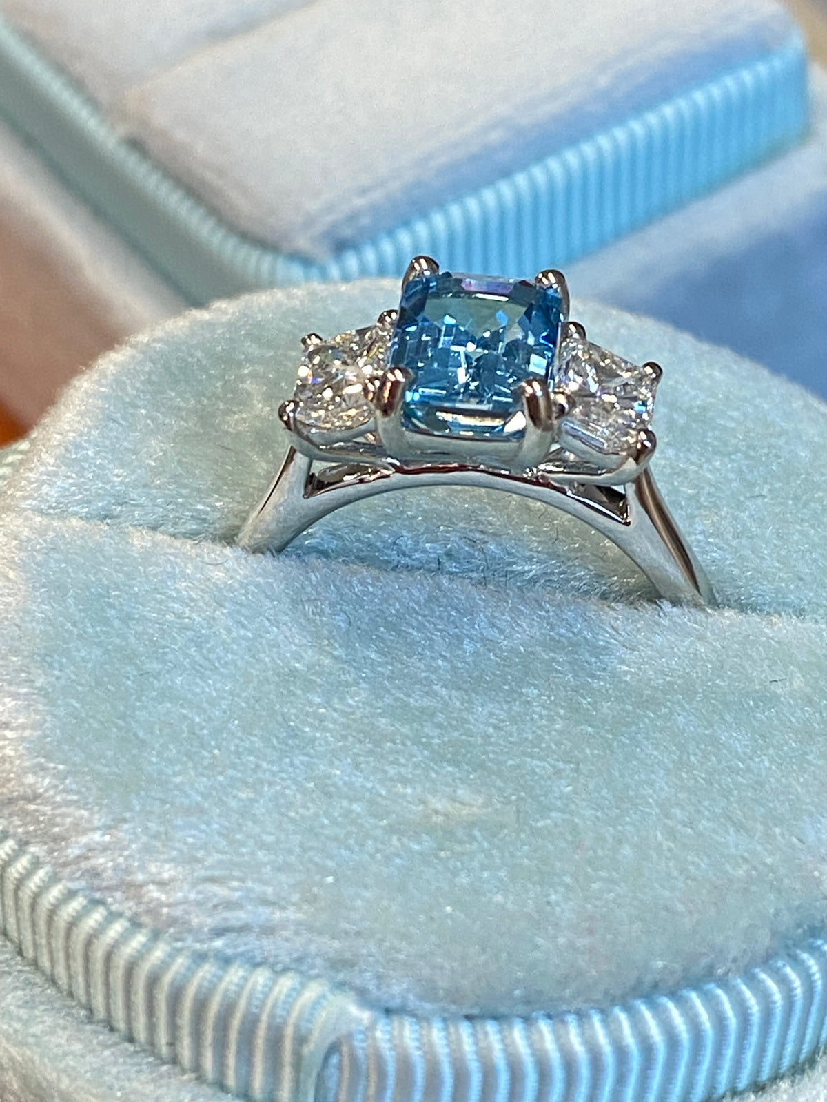 1.59 Carat Aquamarine and 0.80 CTW Natural Diamond Three-Stone Ring in Platinum