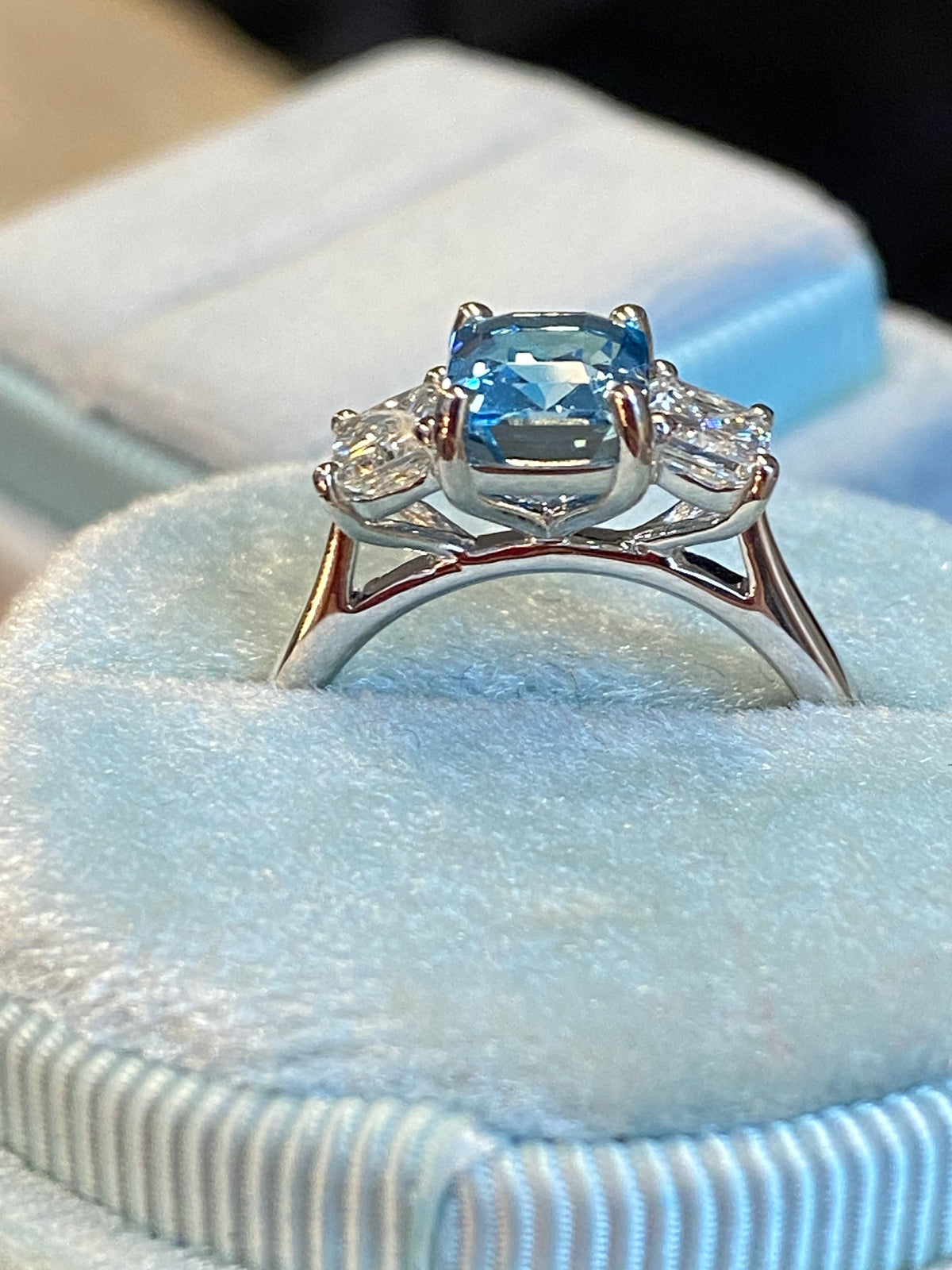 1.59 Carat Aquamarine and 0.80 CTW Natural Diamond Three-Stone Ring in Platinum