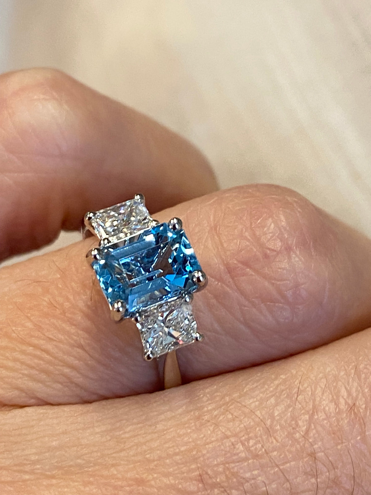 1.59 Carat Aquamarine and 0.80 CTW Natural Diamond Three-Stone Ring in Platinum