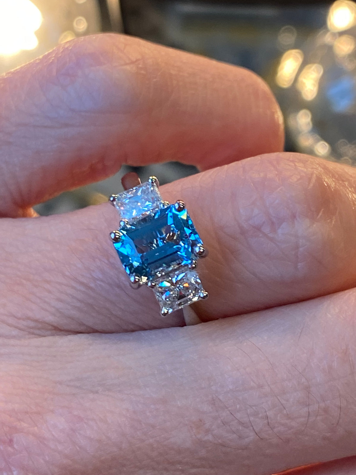 1.59 Carat Aquamarine and 0.80 CTW Natural Diamond Three-Stone Ring in Platinum