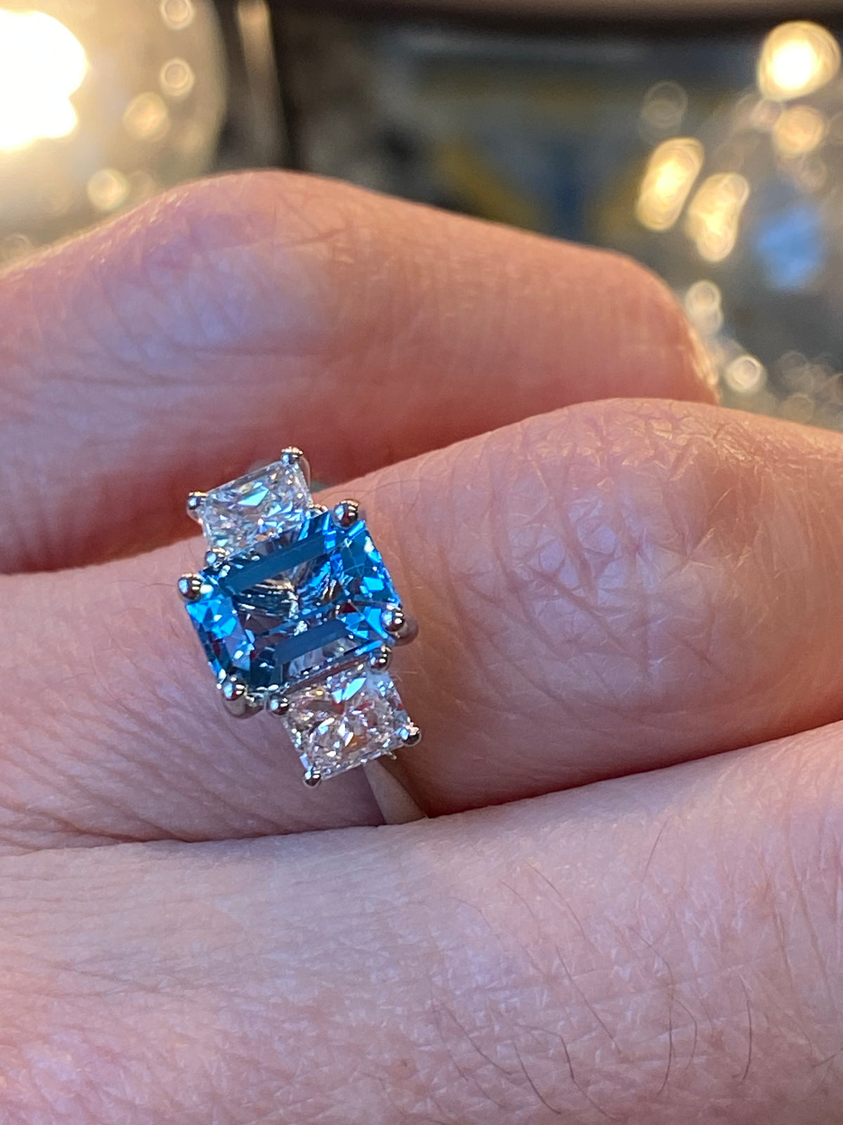 1.59 Carat Aquamarine and 0.80 CTW Natural Diamond Three-Stone Ring in Platinum