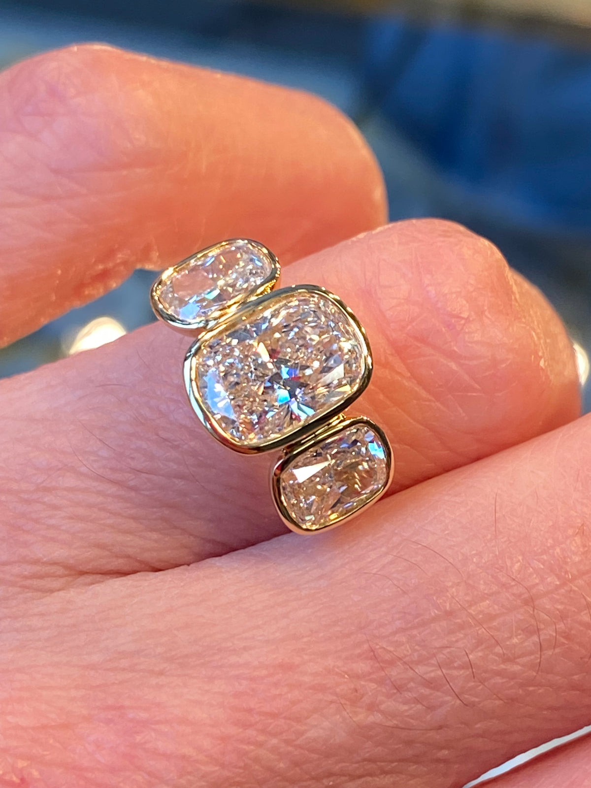 3.54 CTW Cushion Cut D Colour VS1 Lab Diamond Three Stone Ring in 18ct Yellow Gold