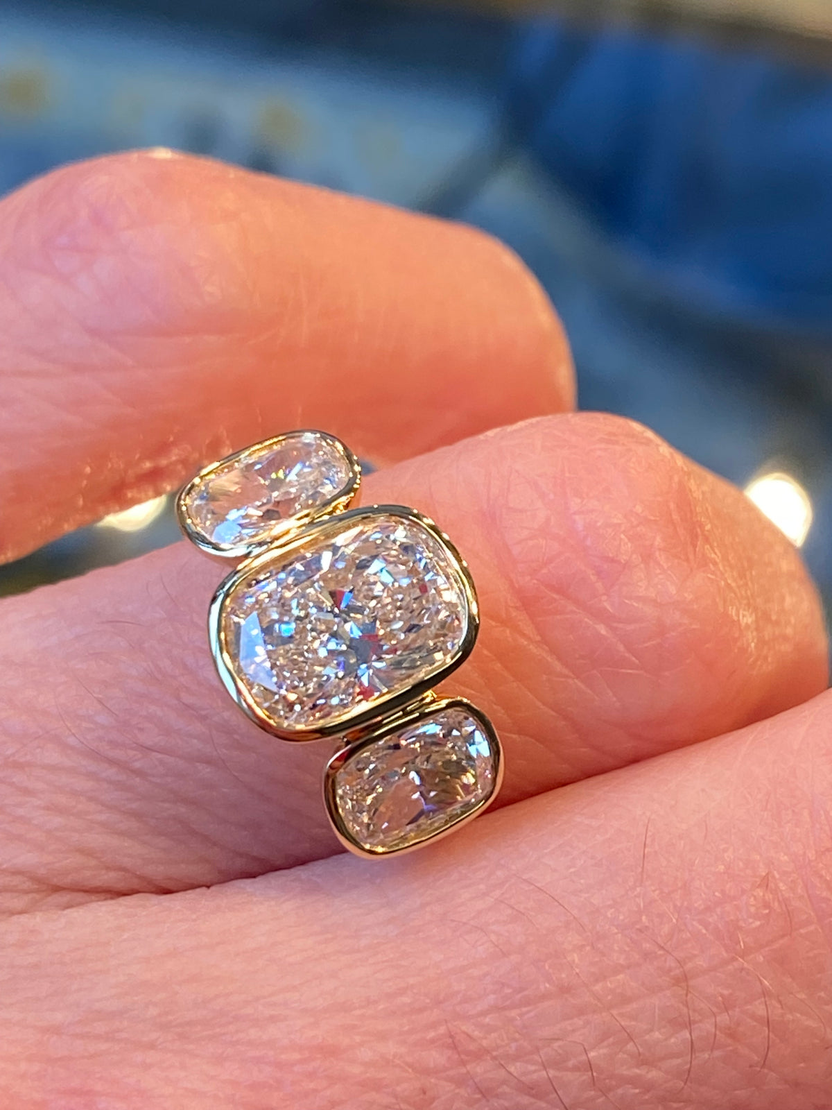3.54 CTW Cushion Cut D Colour VS1 Lab Diamond Three Stone Ring in 18ct Yellow Gold