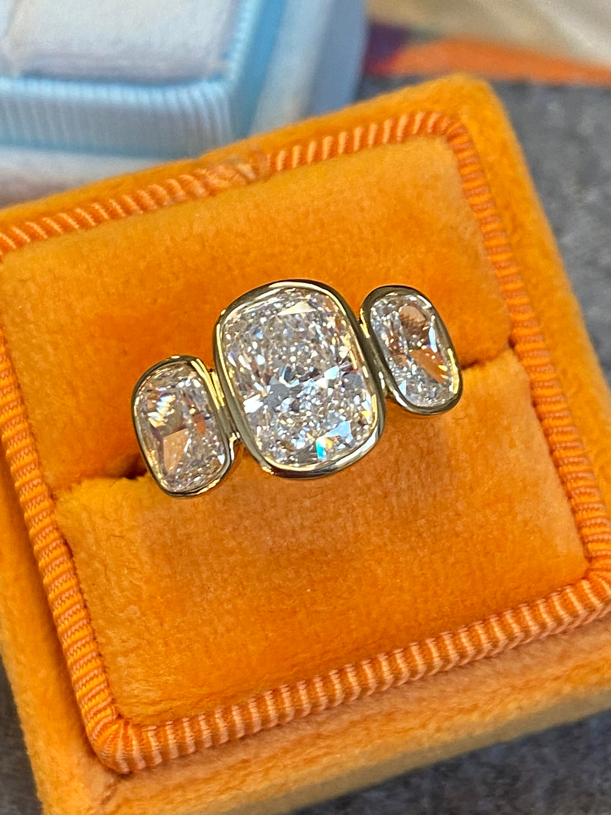 3.54 CTW Cushion Cut D Colour VS1 Lab Diamond Three Stone Ring in 18ct Yellow Gold
