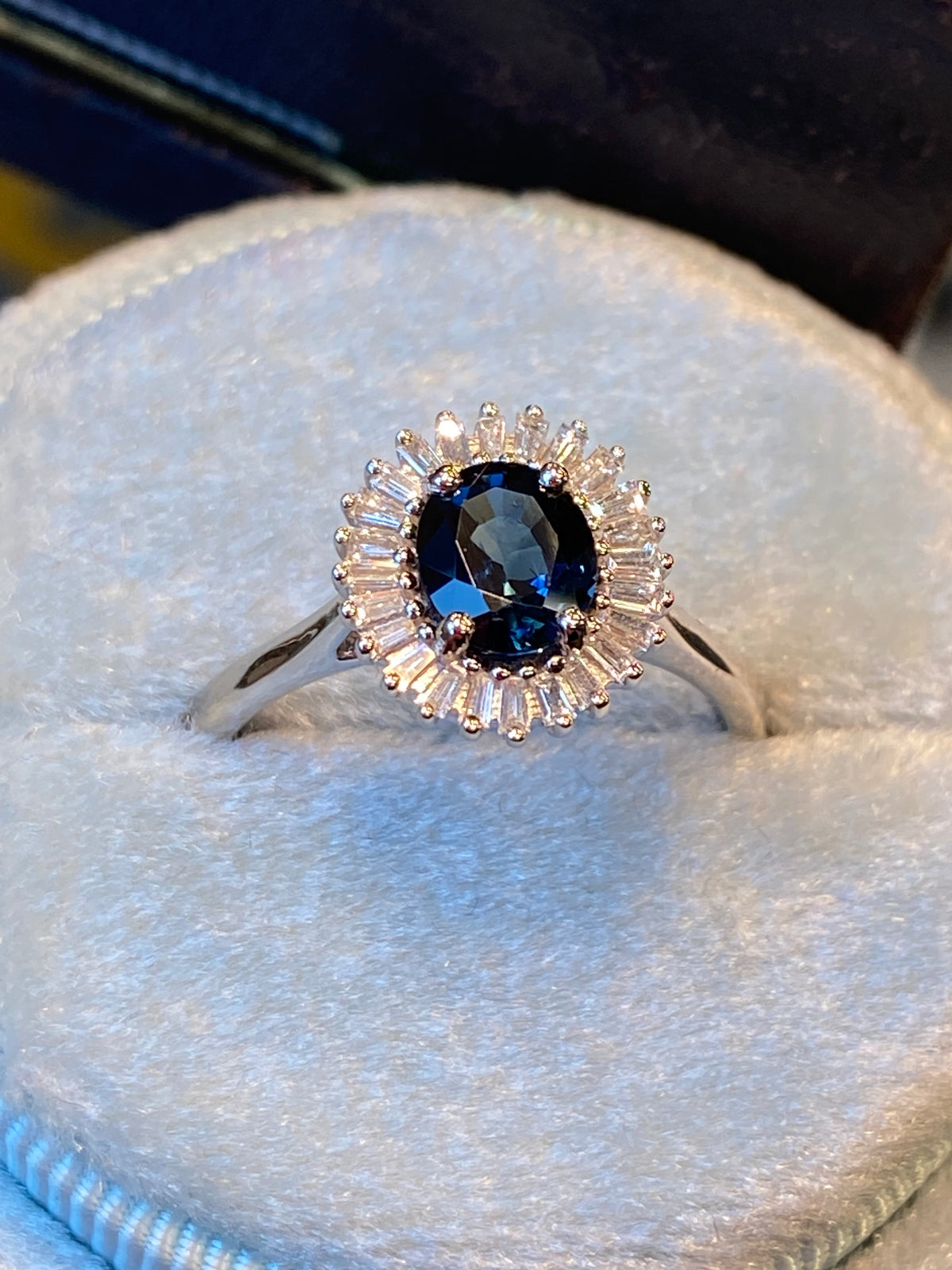 1.27 CTW Blue Ceylon Sapphire and Natural Diamond Ballerina Halo Ring in Platinum