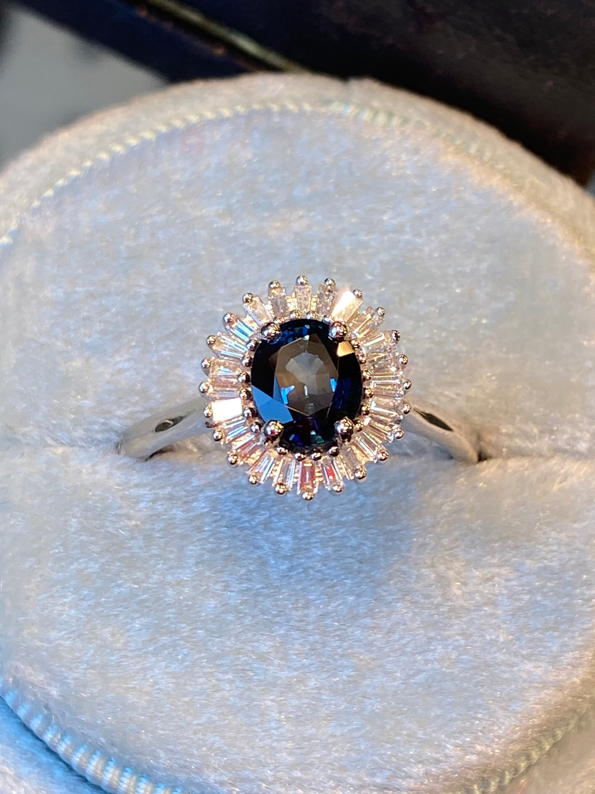 1.27 CTW Blue Ceylon Sapphire and Natural Diamond Ballerina Halo Ring in Platinum