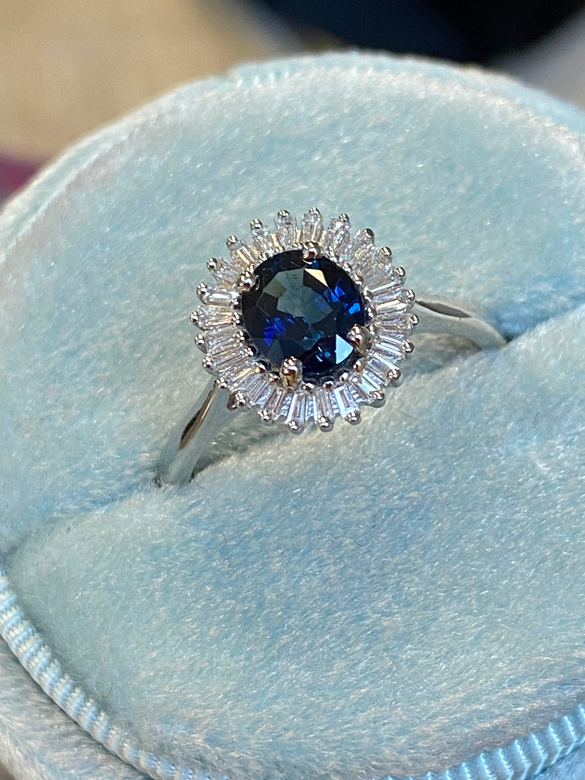 1.27 CTW Blue Ceylon Sapphire and Natural Diamond Ballerina Halo Ring in Platinum