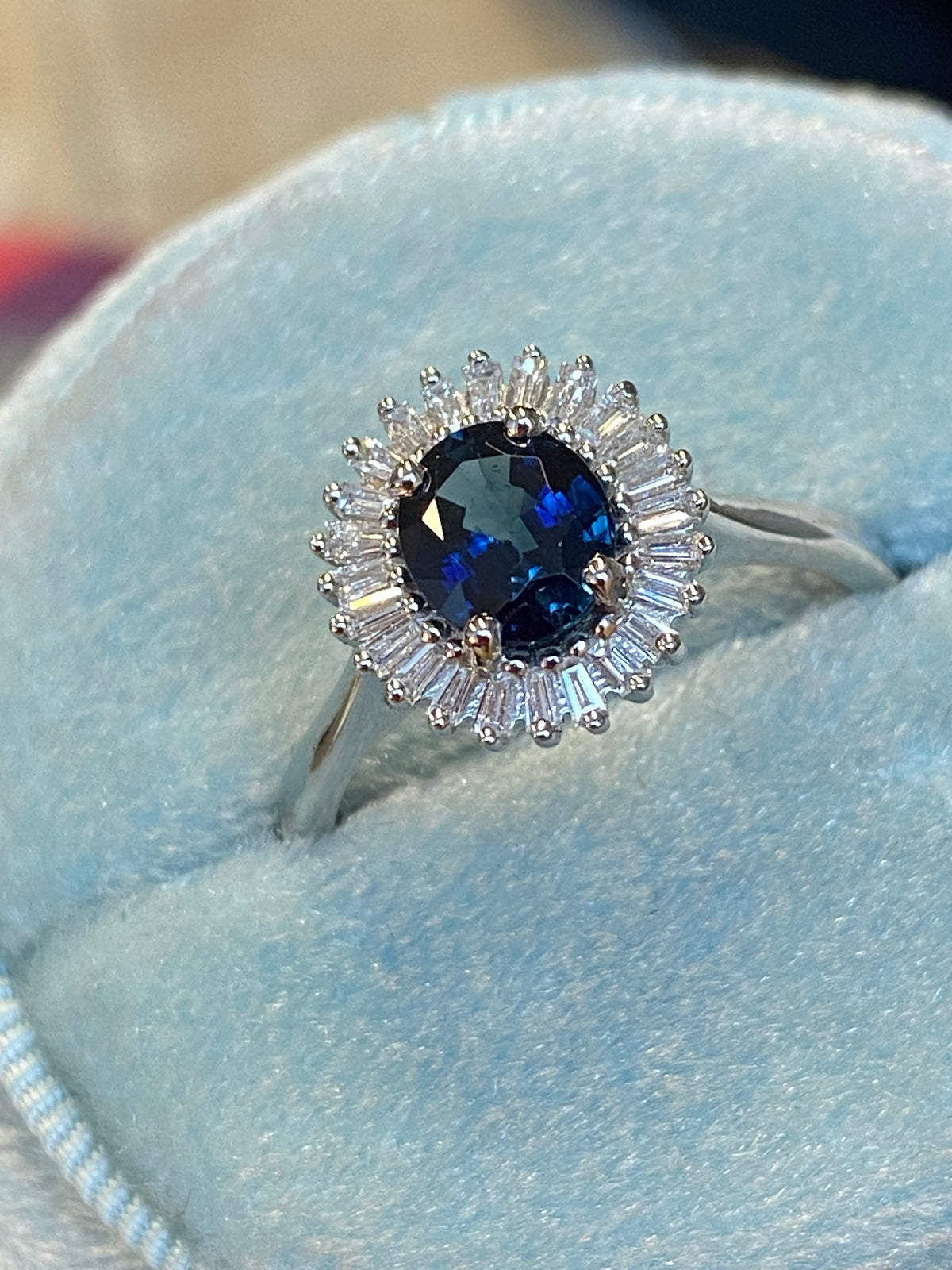 1.27 CTW Blue Ceylon Sapphire and Natural Diamond Ballerina Halo Ring in Platinum