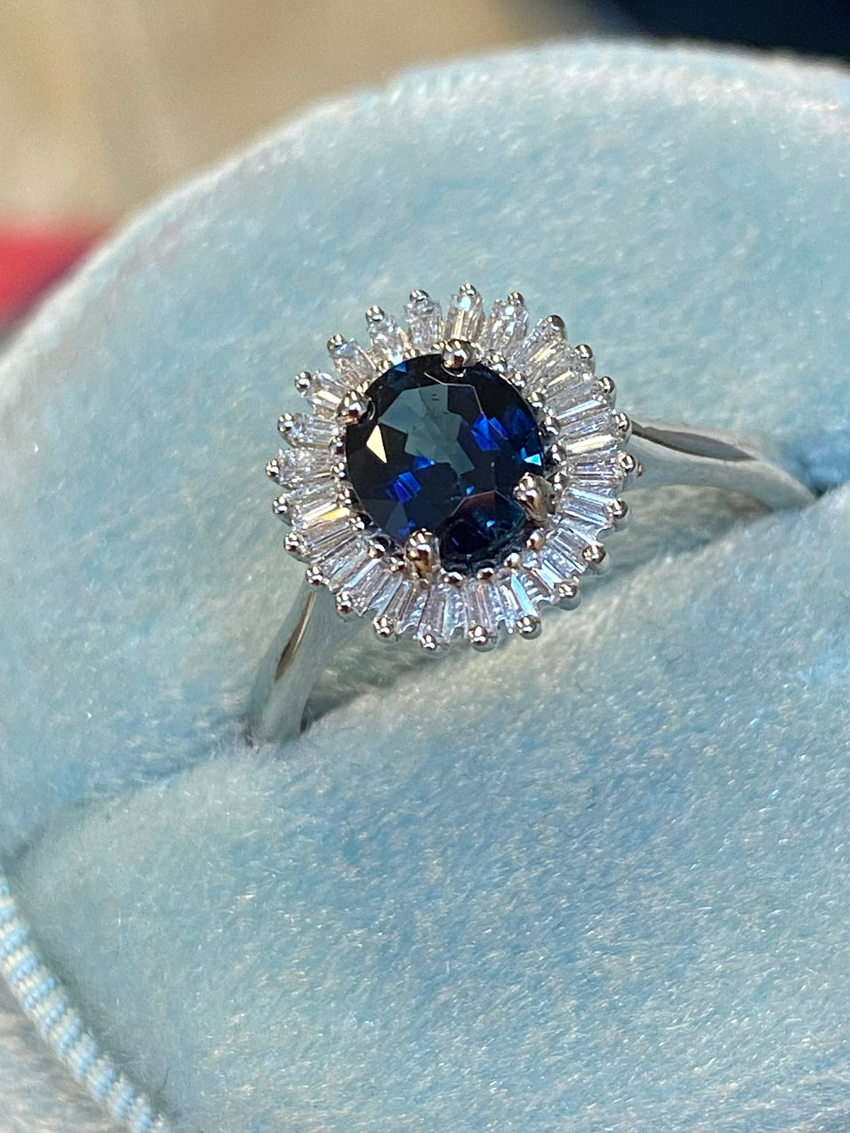 1.27 CTW Blue Ceylon Sapphire and Natural Diamond Ballerina Halo Ring in Platinum