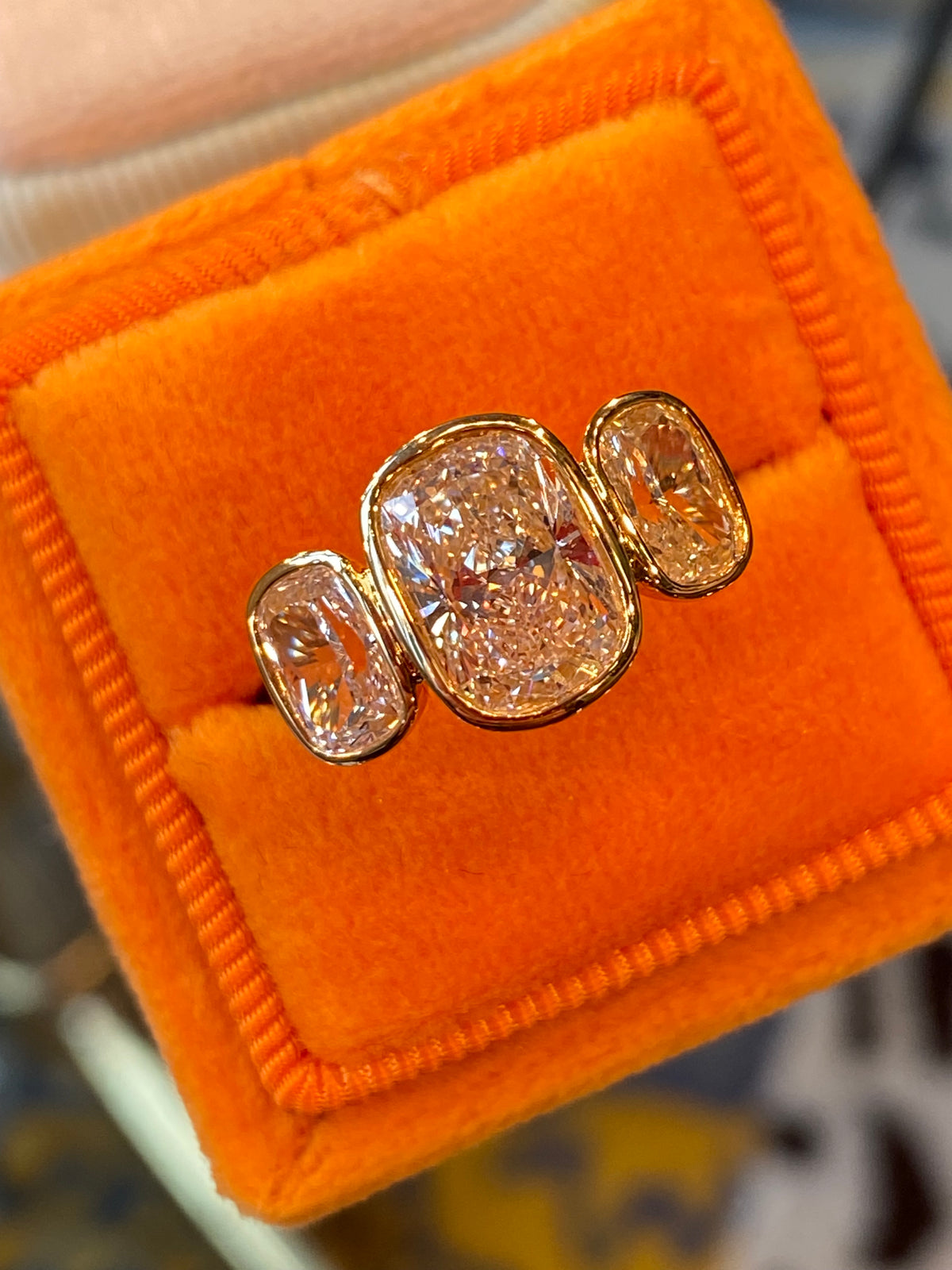 3.54 CTW Cushion Cut D Colour VS1 Lab Diamond Three Stone Ring in 18ct Yellow Gold