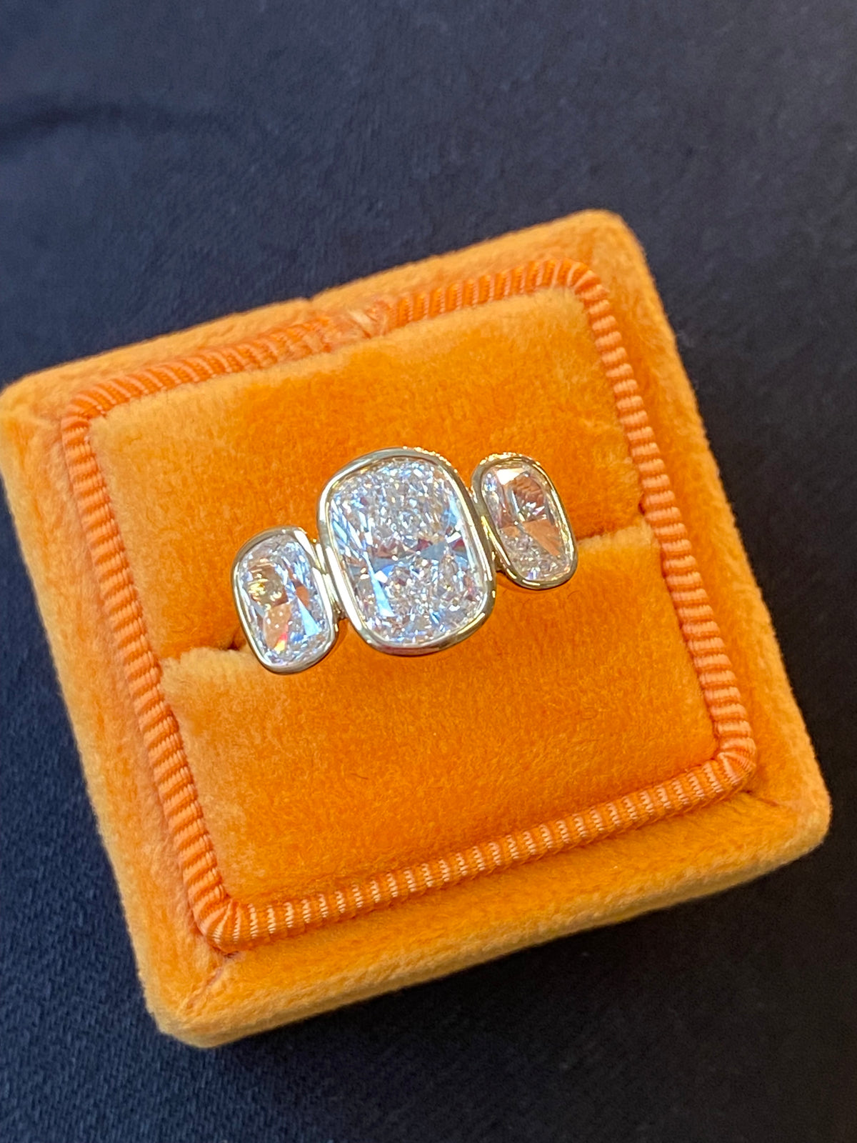 3.54 CTW Cushion Cut D Colour VS1 Lab Diamond Three Stone Ring in 18ct Yellow Gold