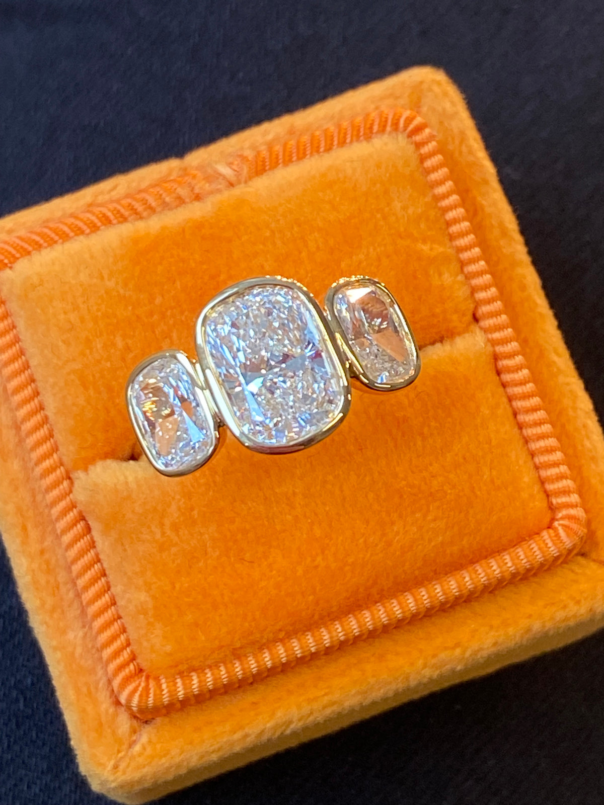 3.54 CTW Cushion Cut D Colour VS1 Lab Diamond Three Stone Ring in 18ct Yellow Gold