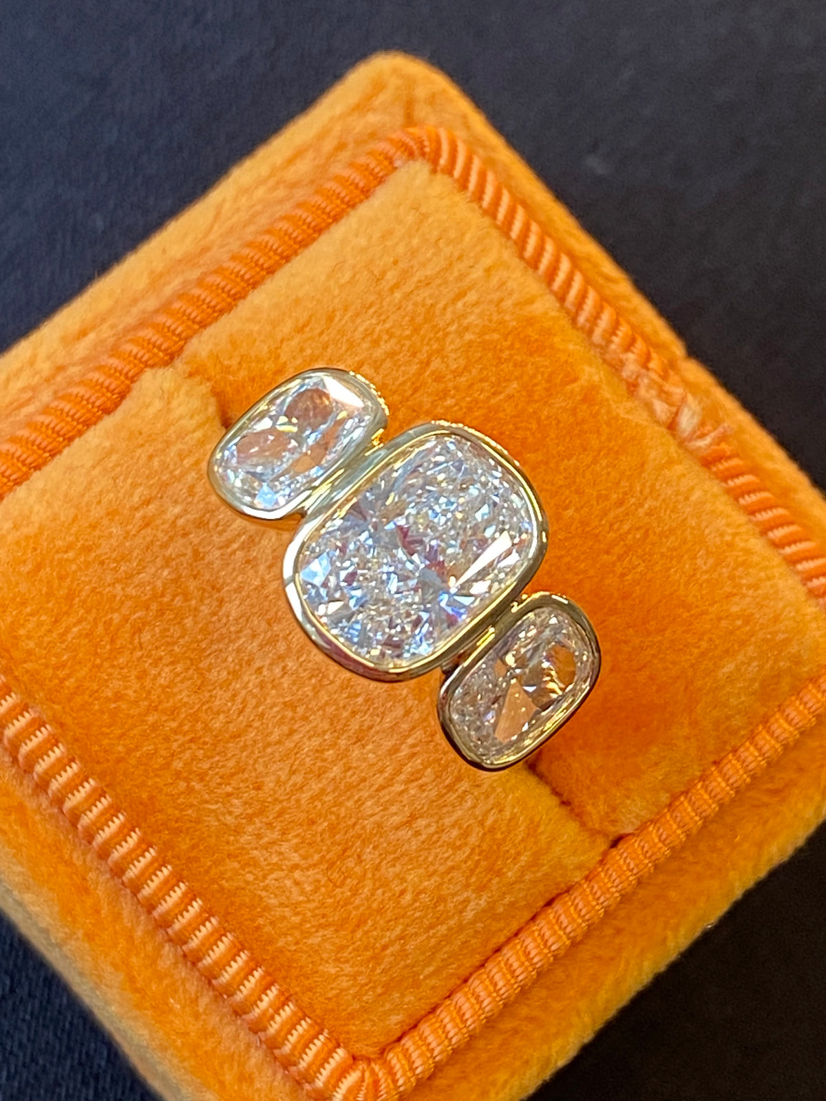 3.54 CTW Cushion Cut D Colour VS1 Lab Diamond Three Stone Ring in 18ct Yellow Gold
