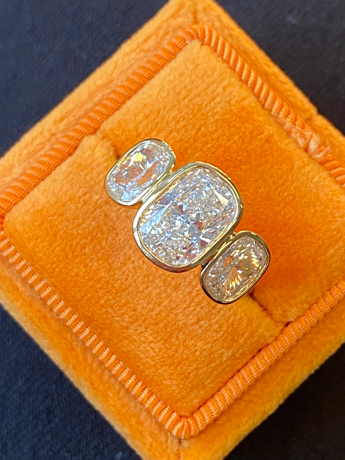 3.54 CTW Cushion Cut D Colour VS1 Lab Diamond Three Stone Ring in 18ct Yellow Gold