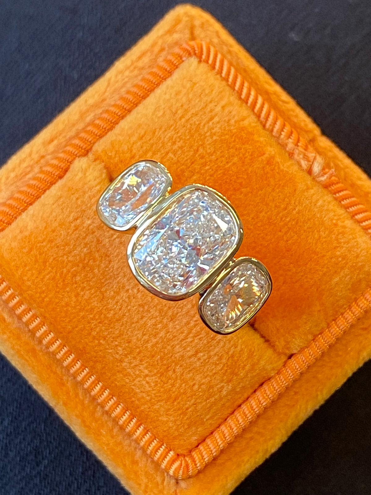 3.54 CTW Cushion Cut D Colour VS1 Lab Diamond Three Stone Ring in 18ct Yellow Gold
