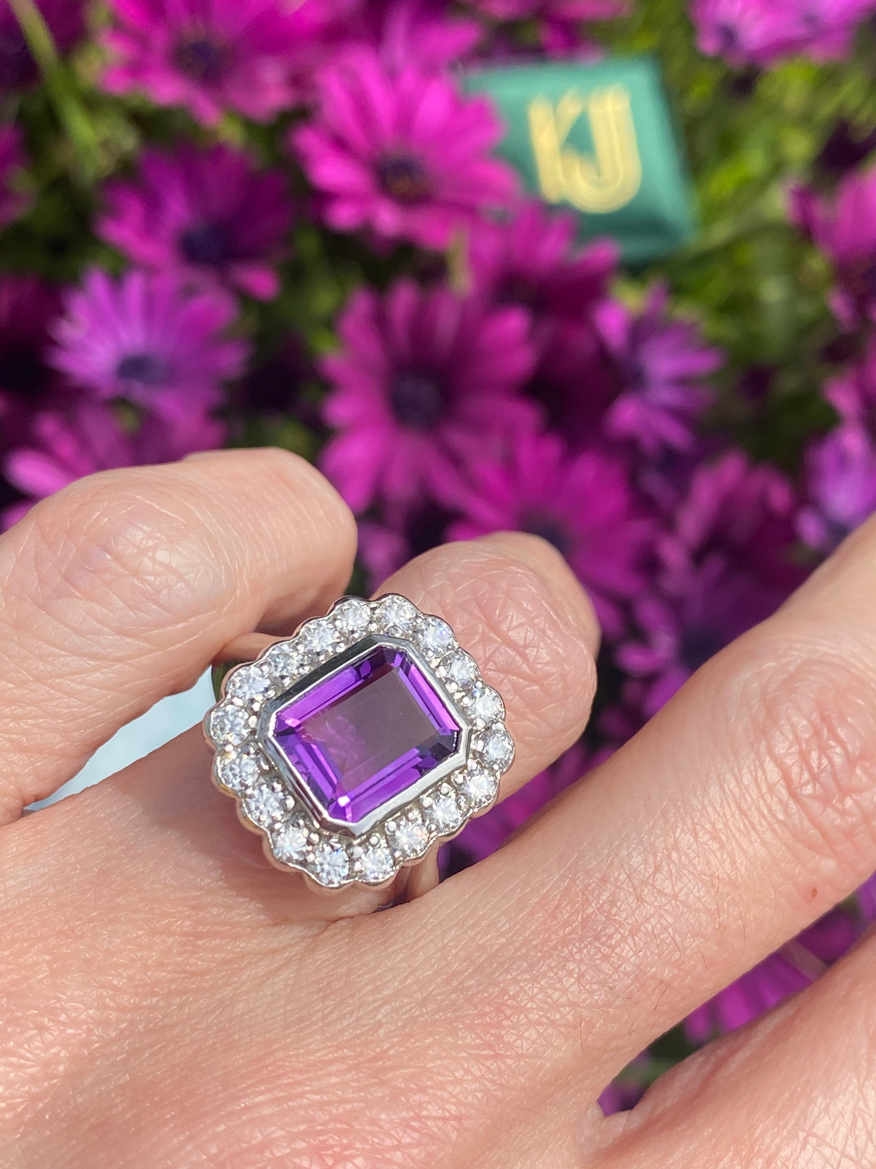 4.25 CTW Emerald Cut Amethyst and Moissanite Halo Cocktail Ring in Sterling Silver