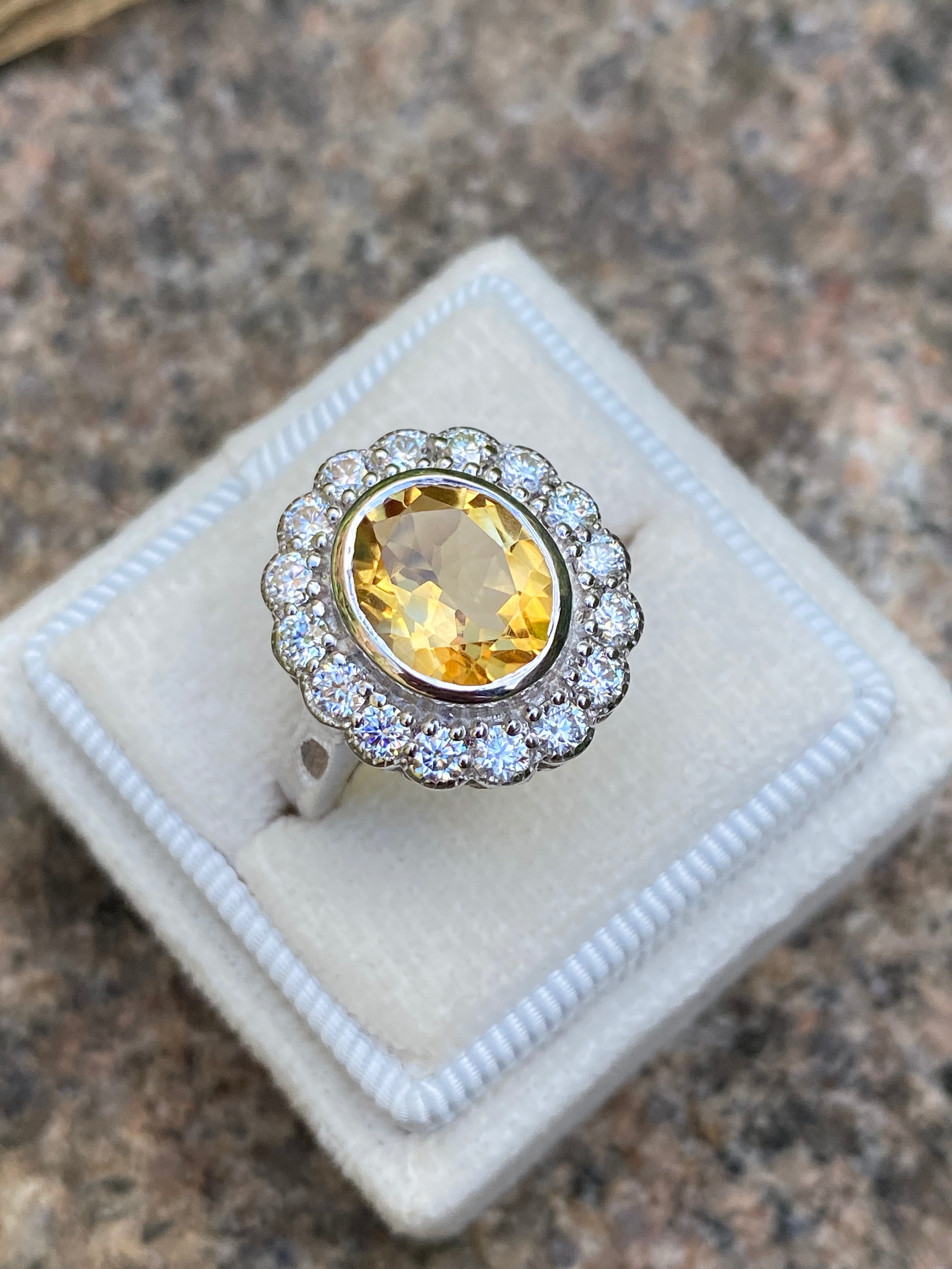4.45 CTW Oval Cut Citrine and Moissanite Halo Cocktail Ring in Sterling Silver