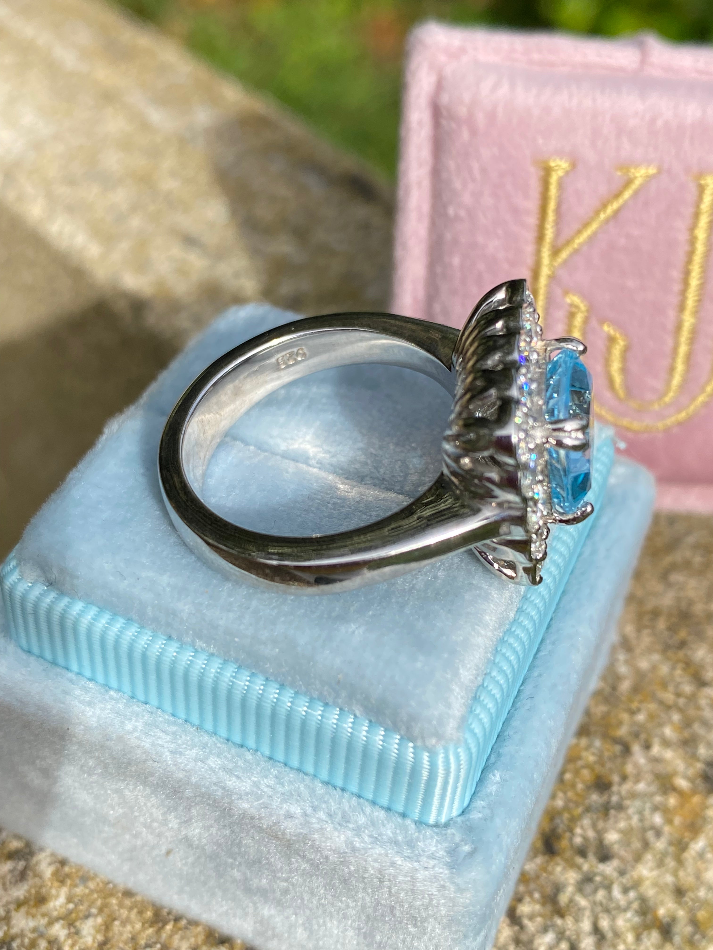 4.29 CTW Cushion Cut Blue Topaz and Moissanite Halo Cocktail Ring in Sterling Silver