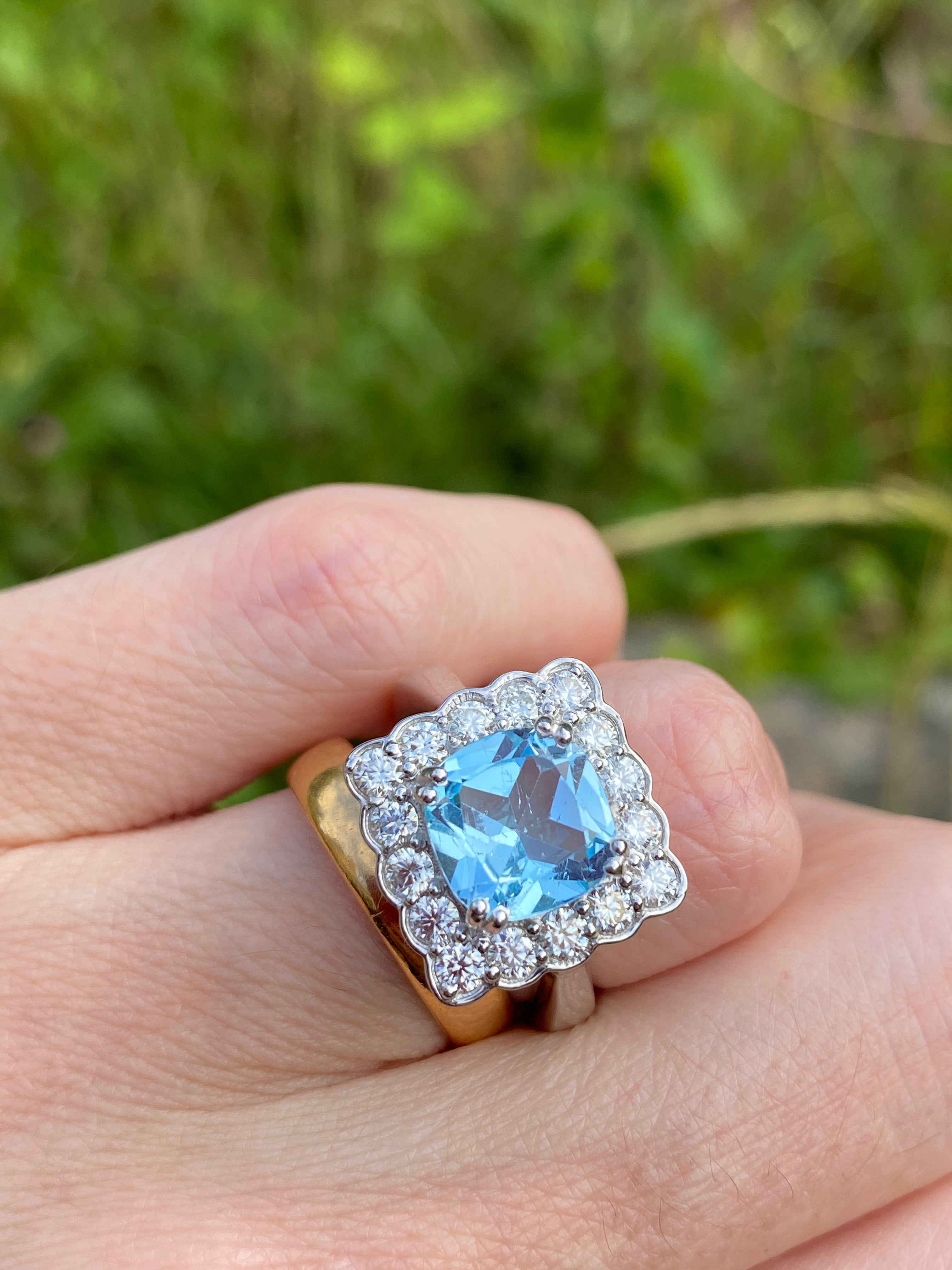 4.29 CTW Cushion Cut Blue Topaz and Moissanite Halo Cocktail Ring in Sterling Silver
