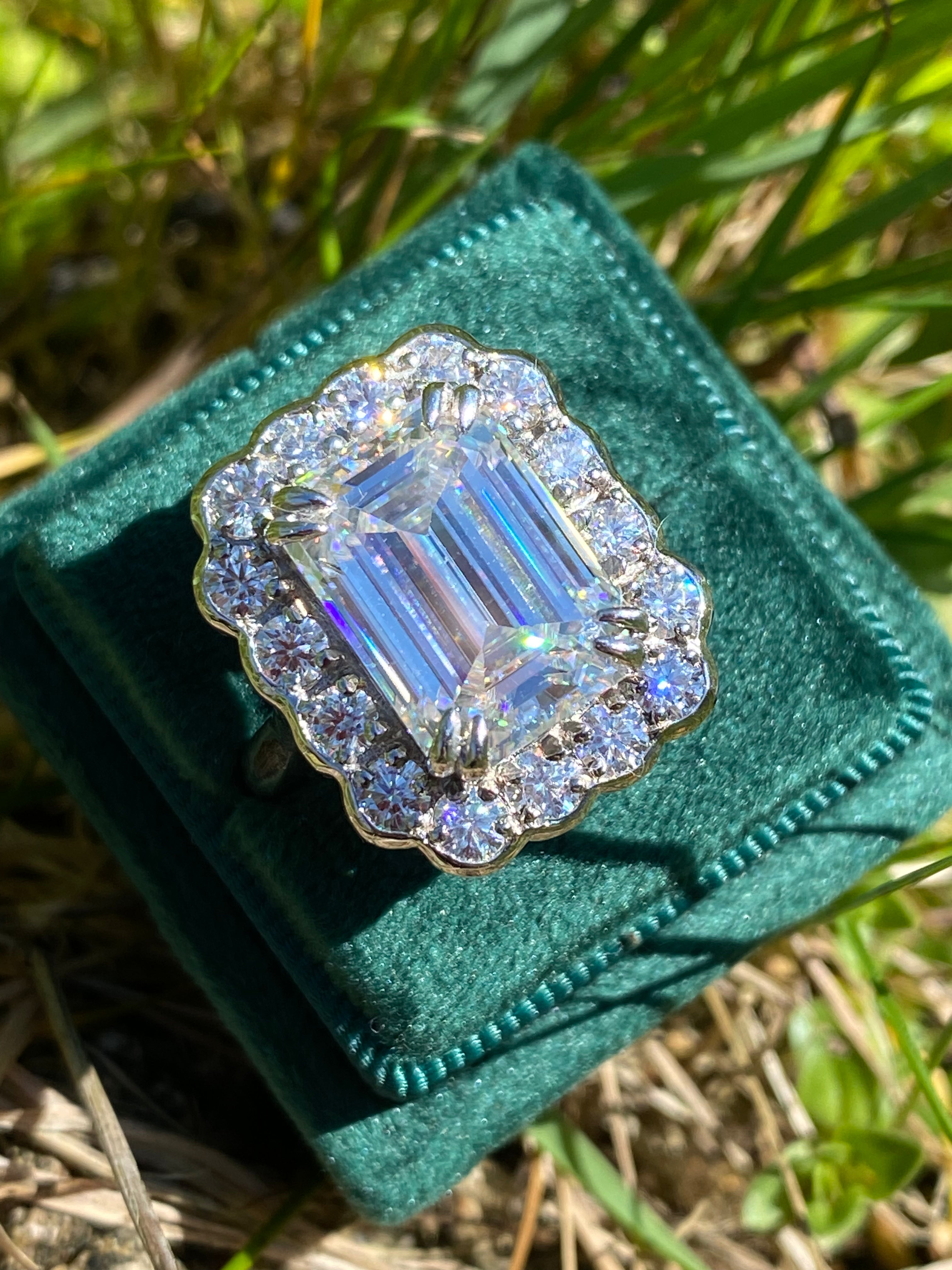 10.06 Carat Emerald Cut Moissanite Halo Engagement Ring in Sterling Silver