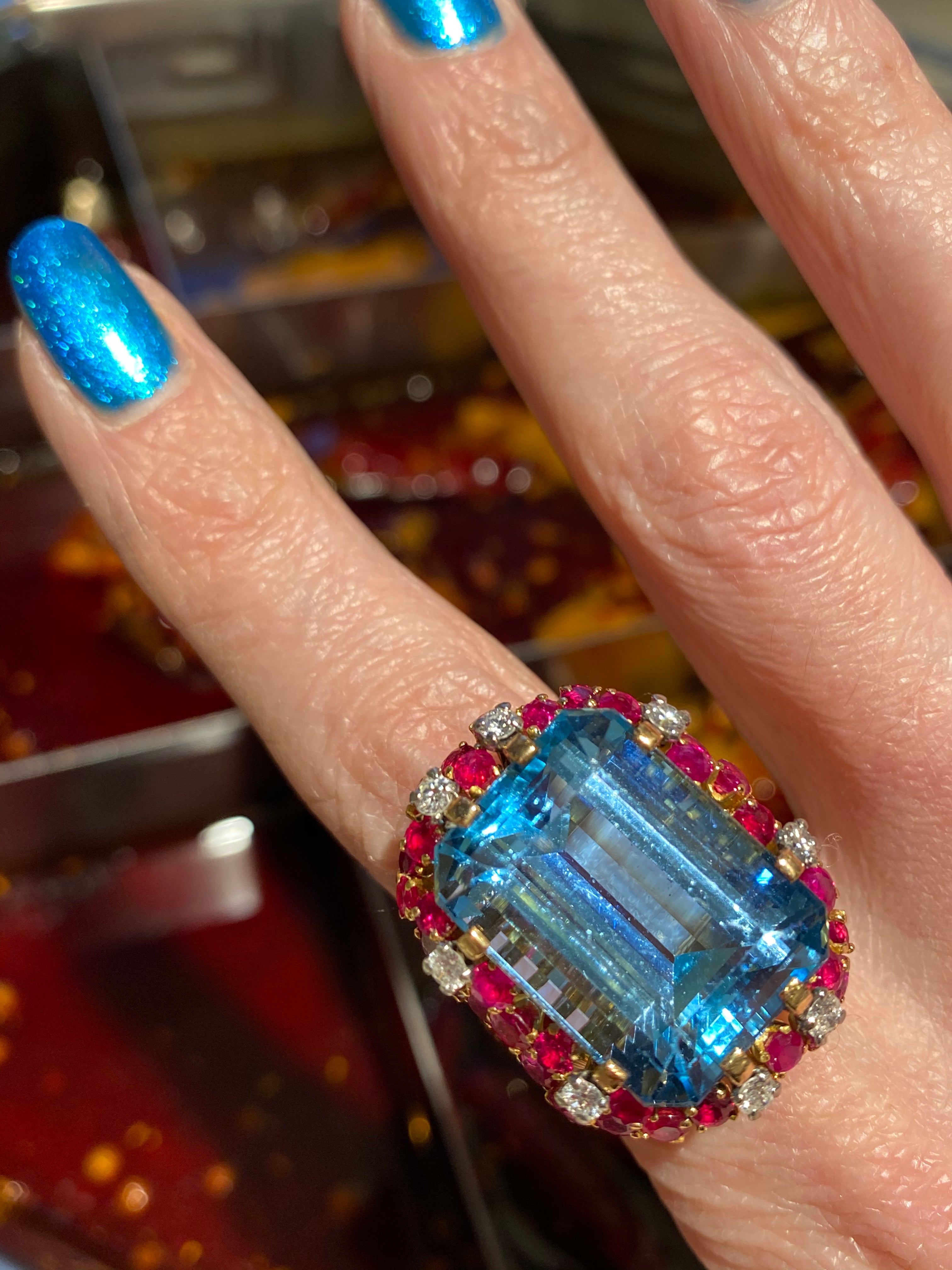 35.00 CTW Mellerio Aquamarine, Ruby, and Diamond Vintage Cocktail Ring in 18ct Yellow Gold