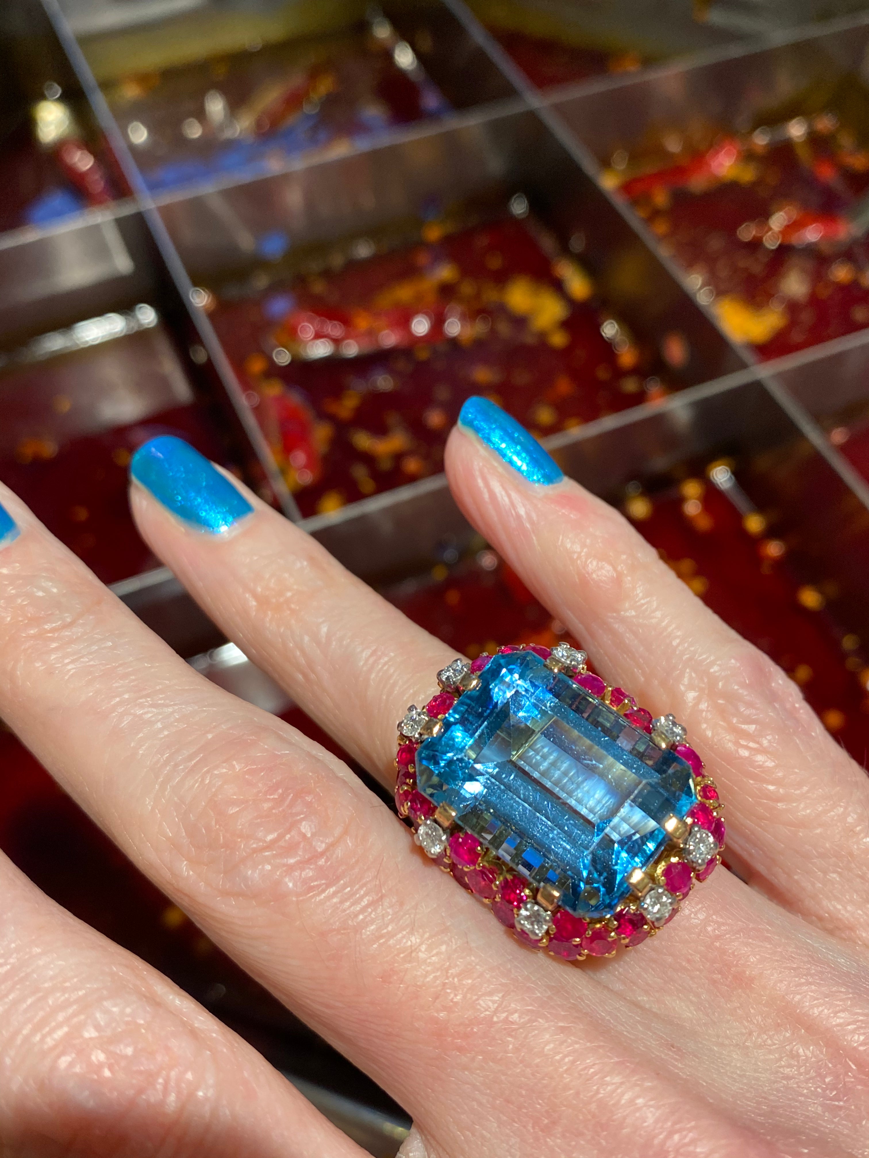 35.00 CTW Mellerio Aquamarine, Ruby, and Diamond Vintage Cocktail Ring in 18ct Yellow Gold