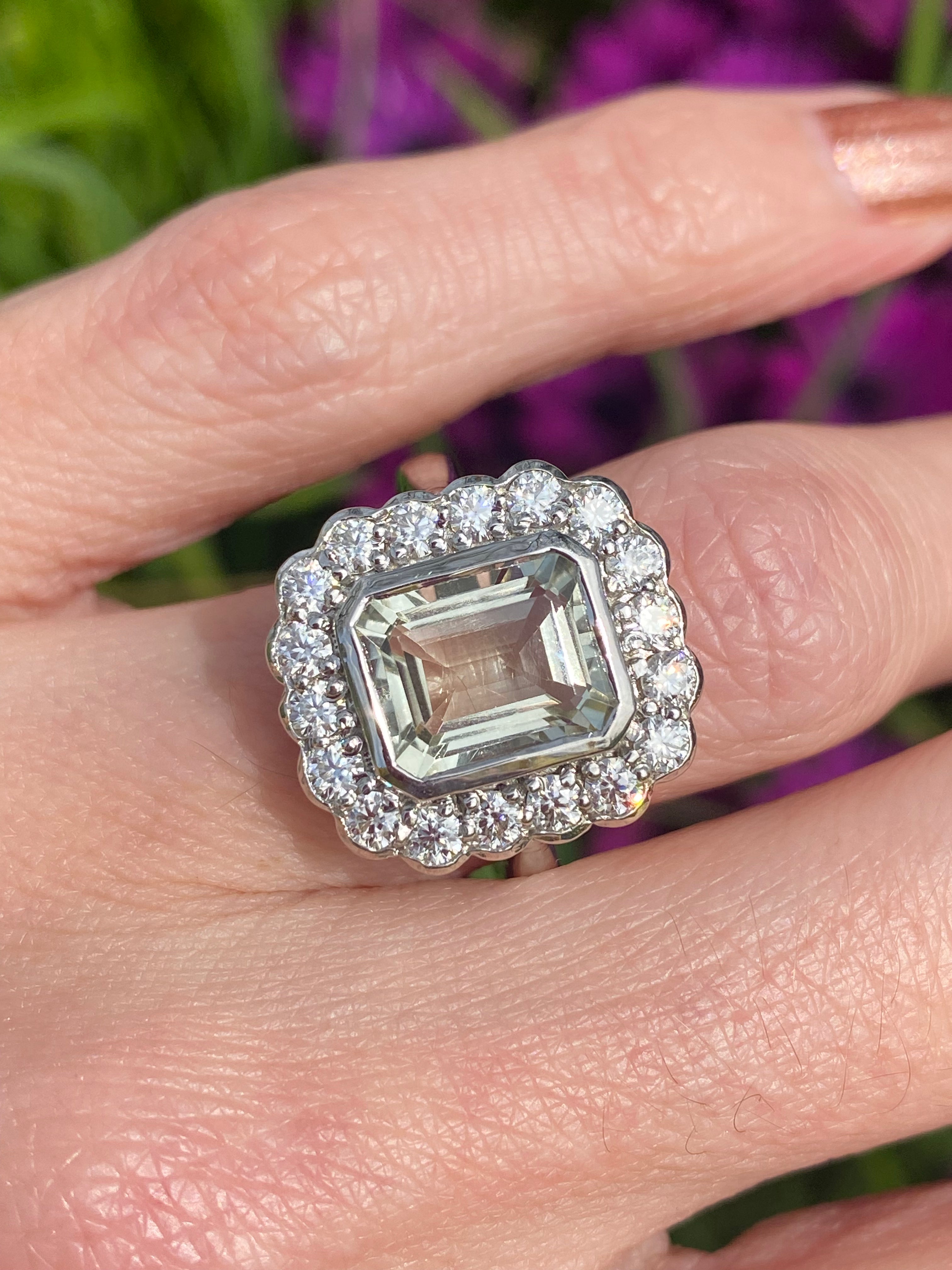 4.25 CTW Emerald Cut Green Amethyst and Moissanite Halo Cocktail Ring in Sterling Silver