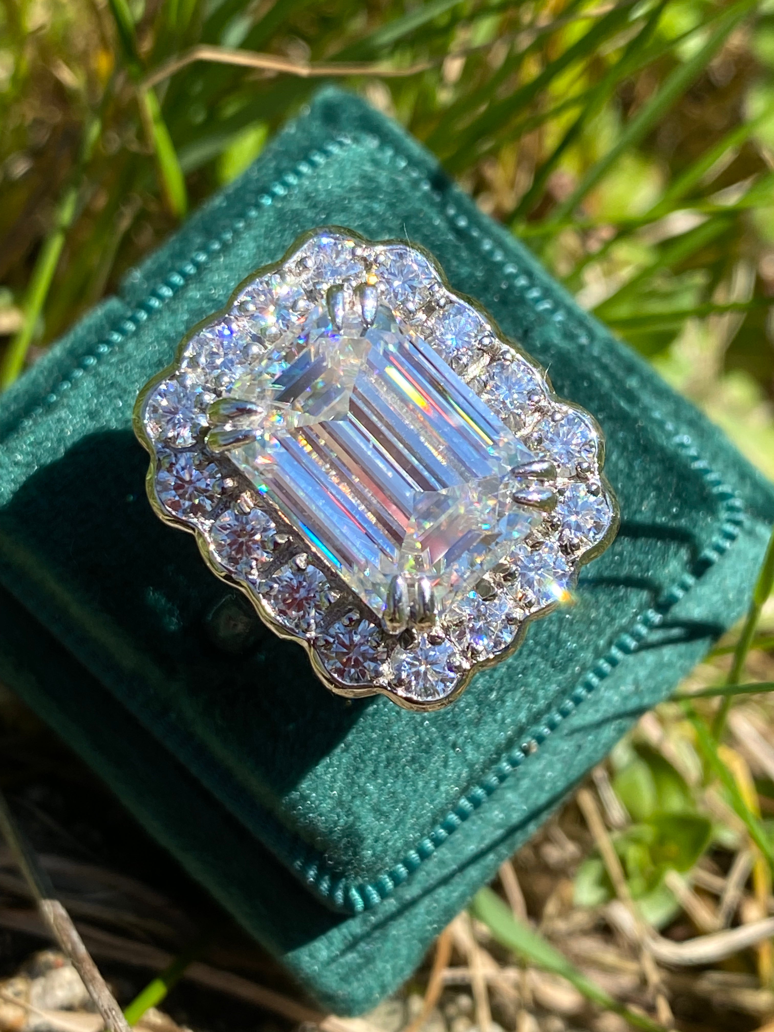 10.06 Carat Emerald Cut Moissanite Halo Engagement Ring in Sterling Silver