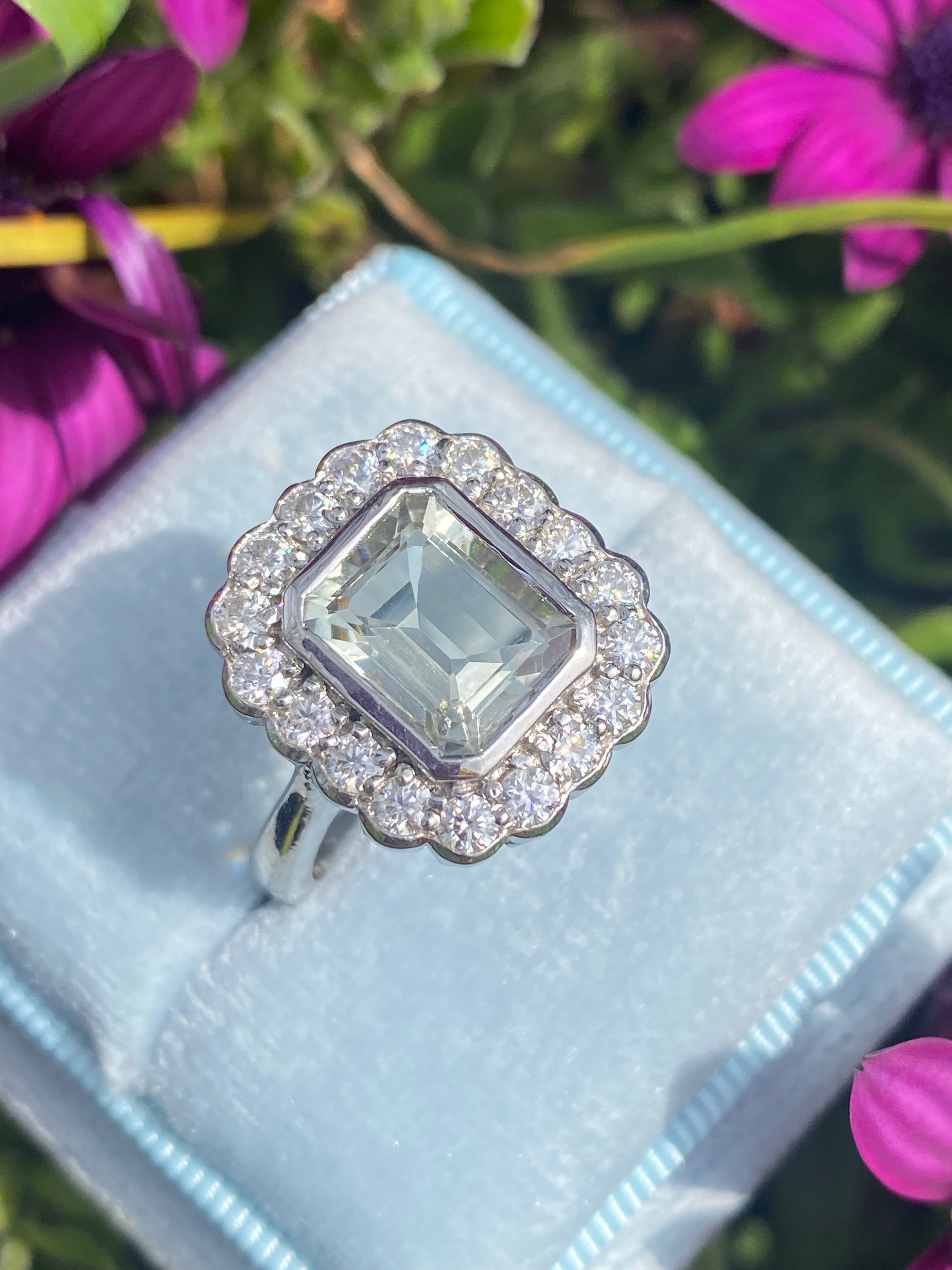 4.25 CTW Emerald Cut Green Amethyst and Moissanite Halo Cocktail Ring in Sterling Silver
