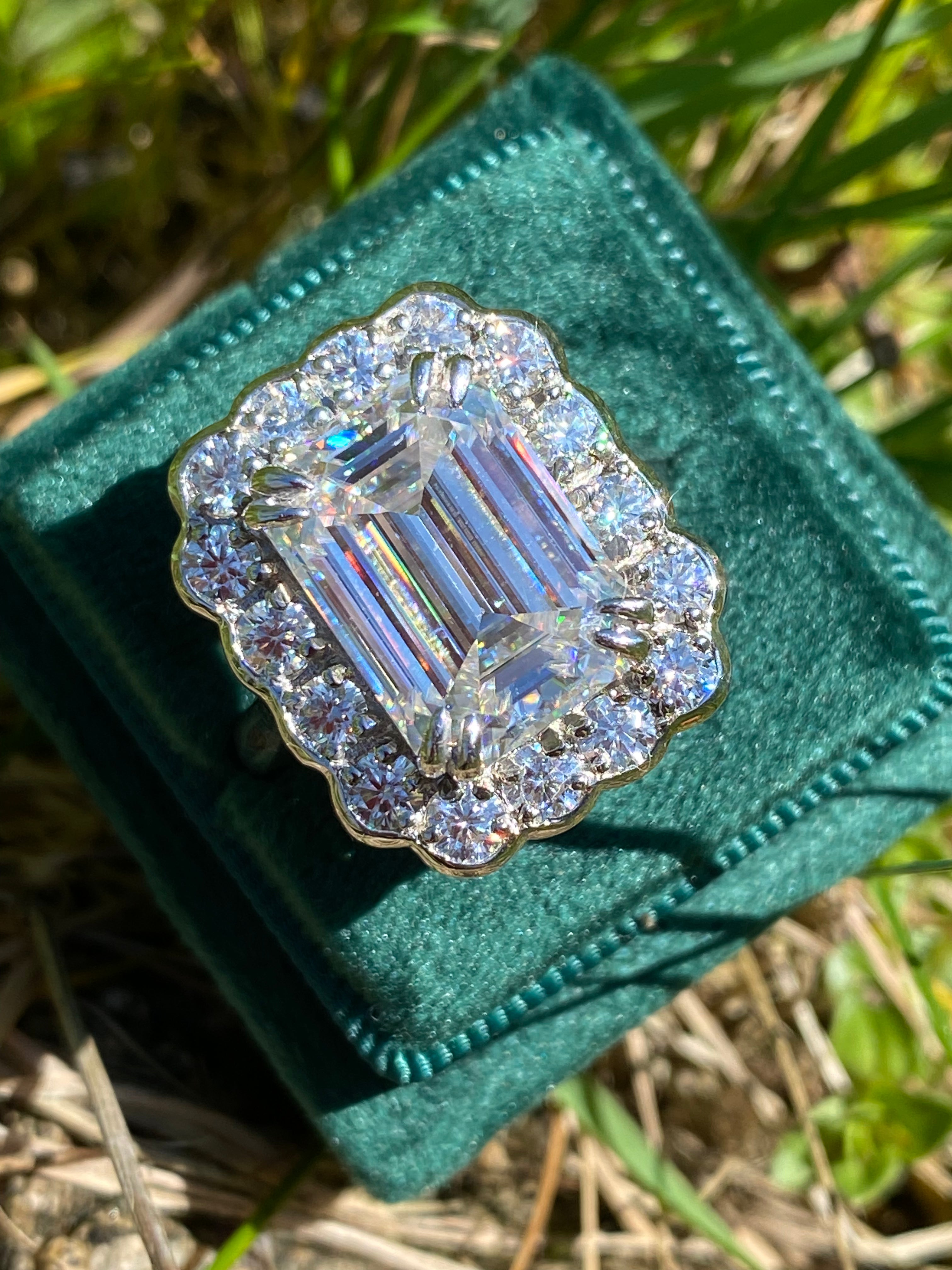 10.06 Carat Emerald Cut Moissanite Halo Engagement Ring in Sterling Silver