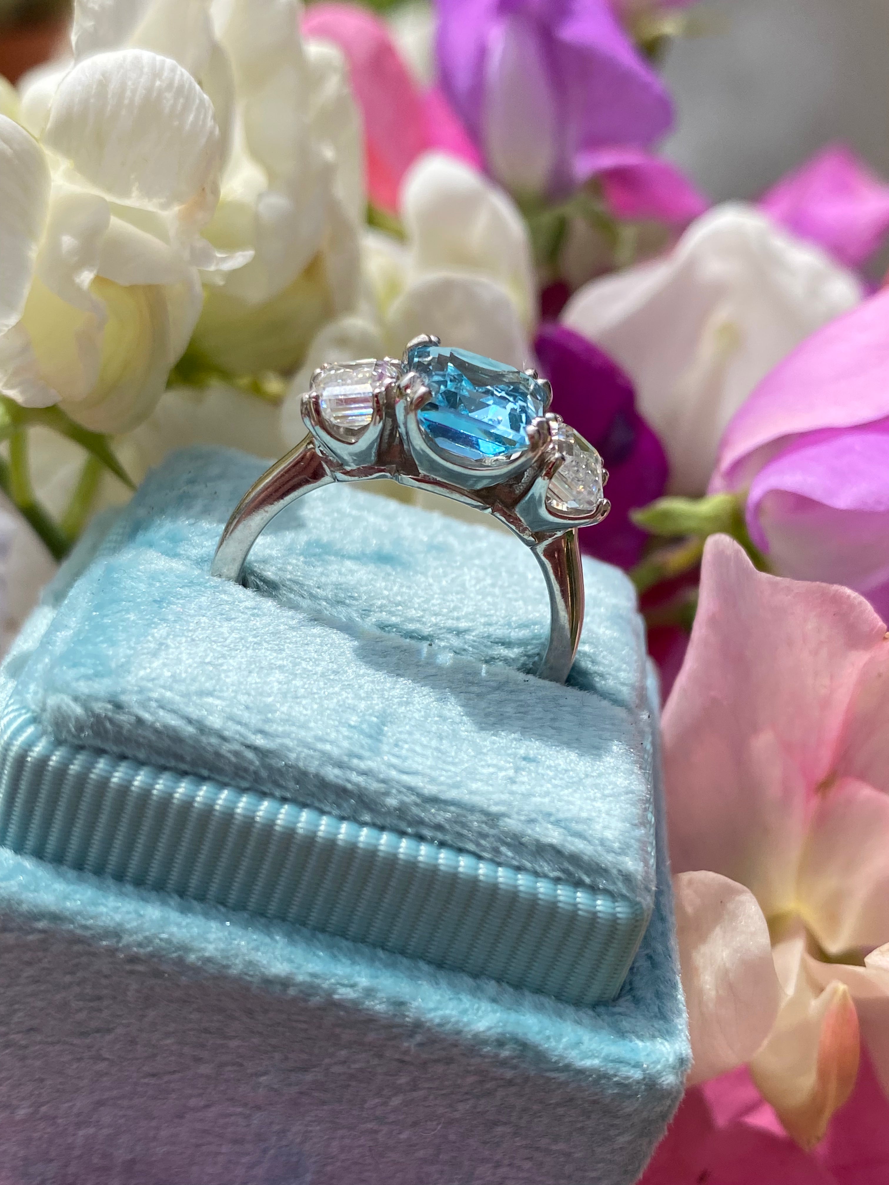 3.50 CTW Emerald Cut Blue Topaz and Moissanite Three Stone Ring in Sterling Silver